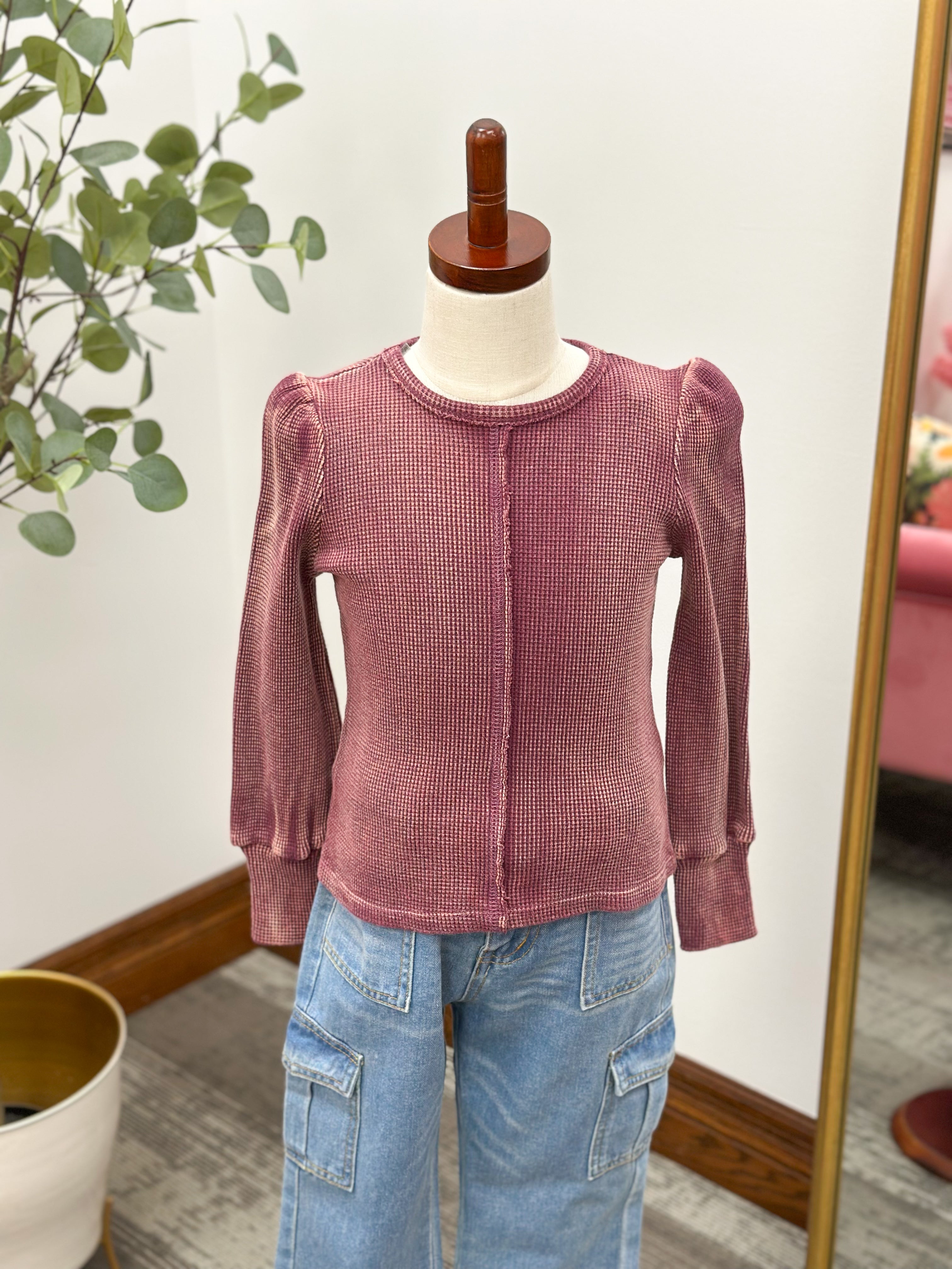 Girls Washed Plum Waffle Knit Top