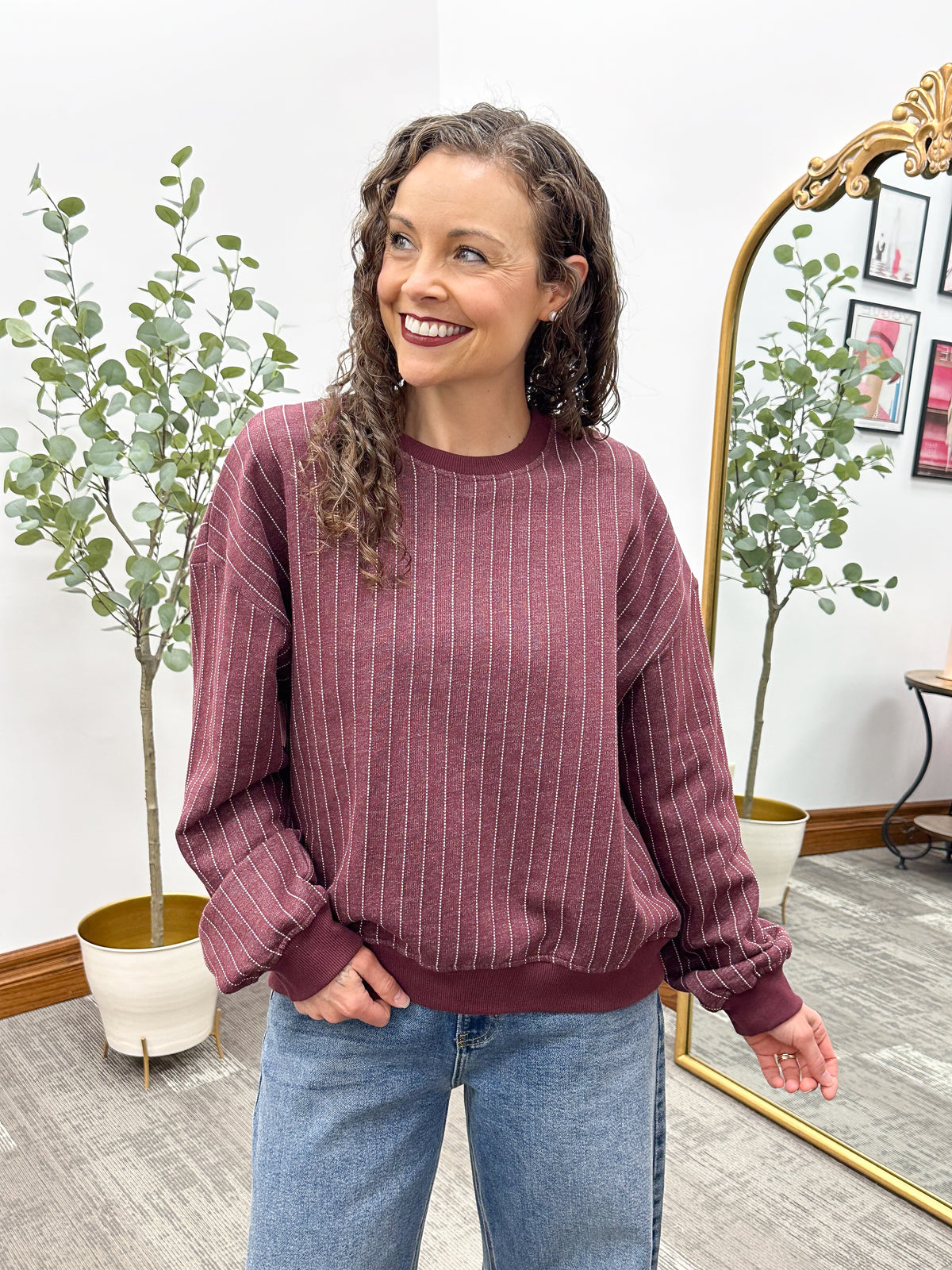 Striped Fleece Crew Neck Sweatshirt