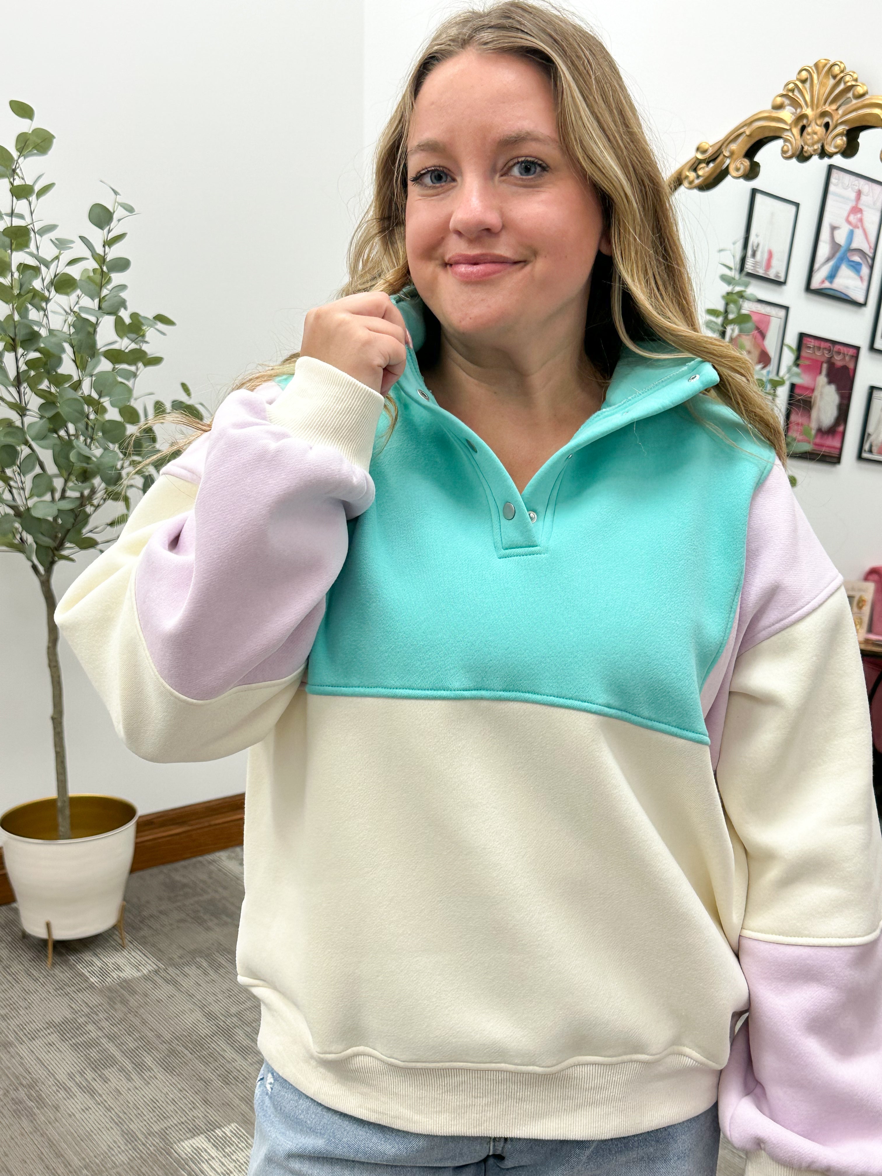 90s Style Lilac and Aqua Color Block Pullover Sweatshirt