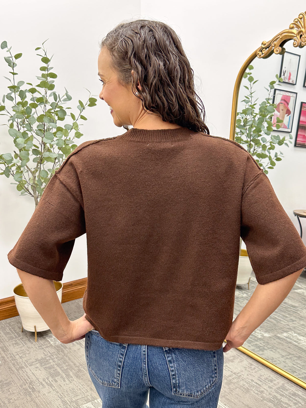 Dark Brown Short Sleeve Button Up Cardigan