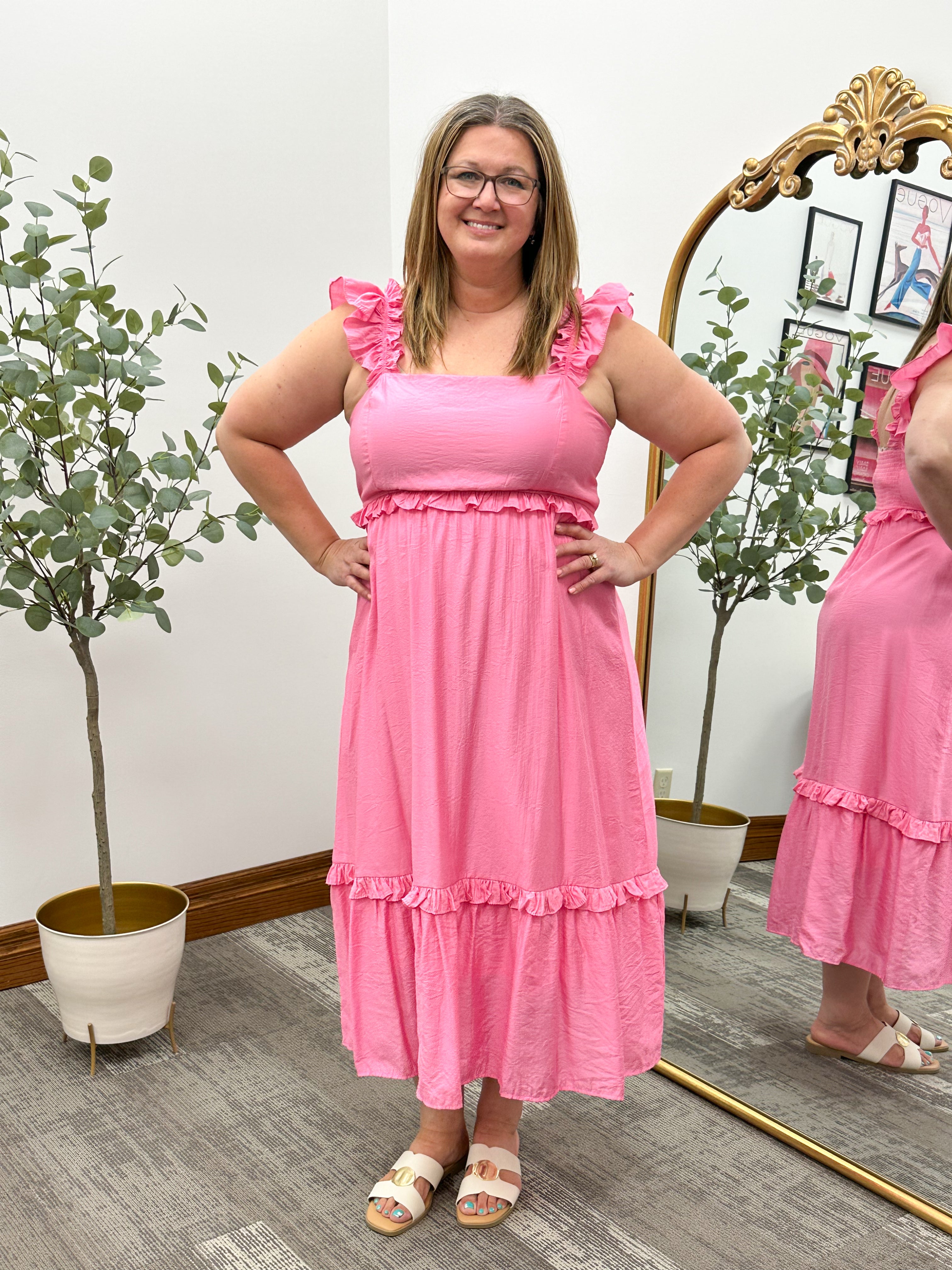 Plus Size Pink Ruffle Midi Dress