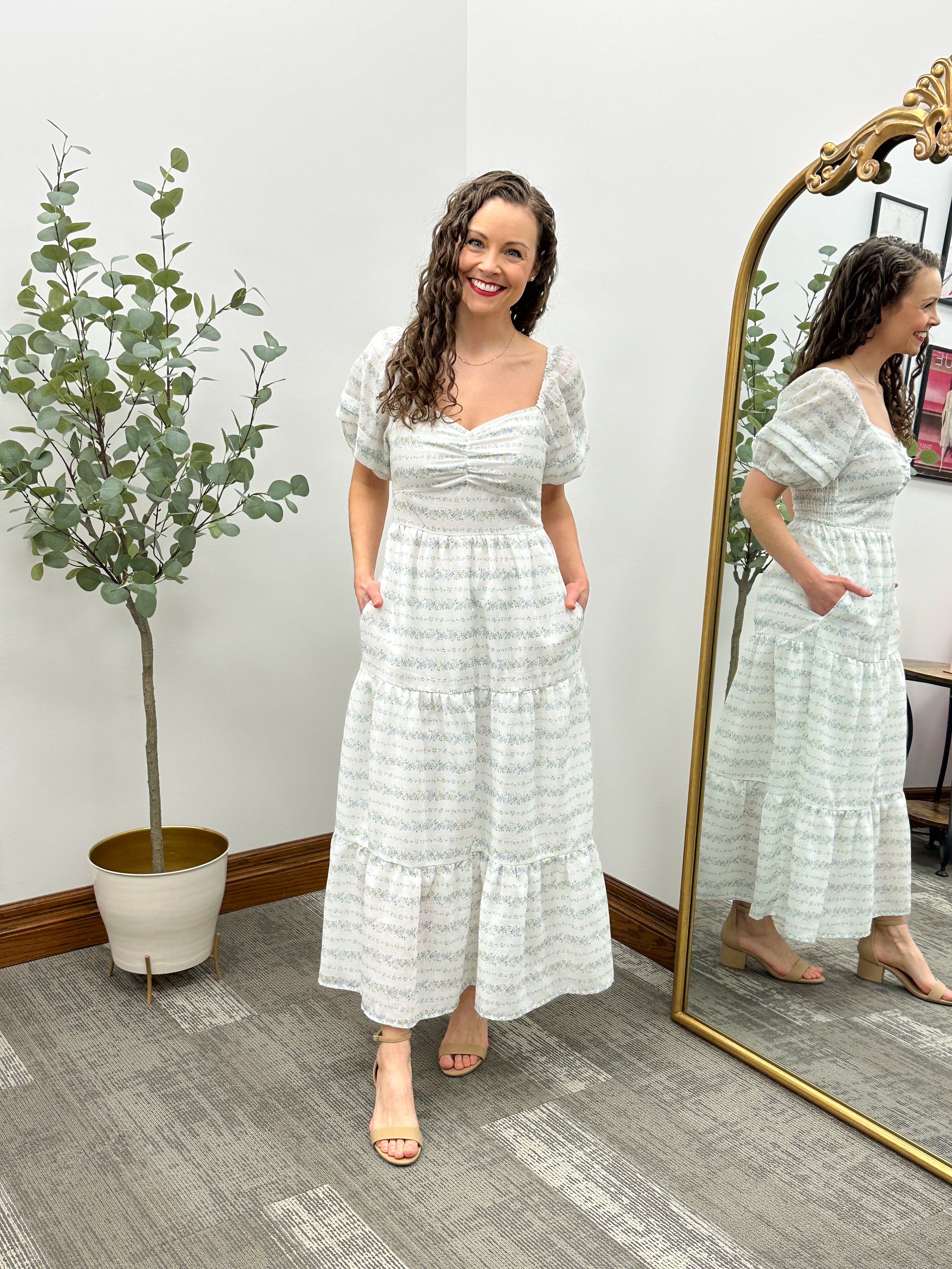 White W/ Floral Print Maxi Dress