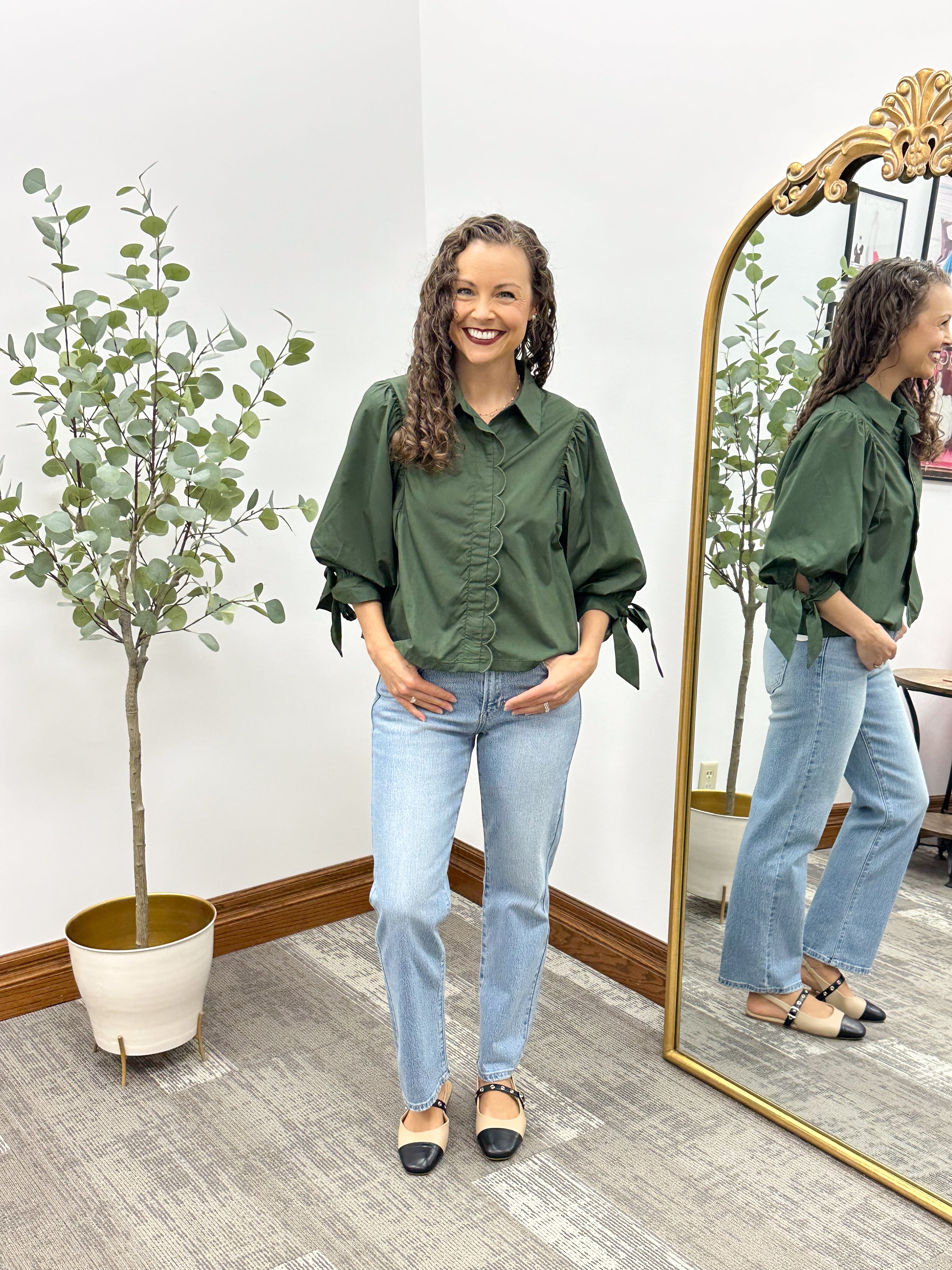 Scalloped Puff Sleeve Button Up Blouse