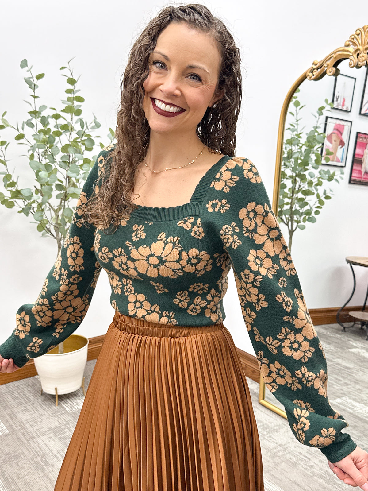 Green & Camel Floral Print Sweater