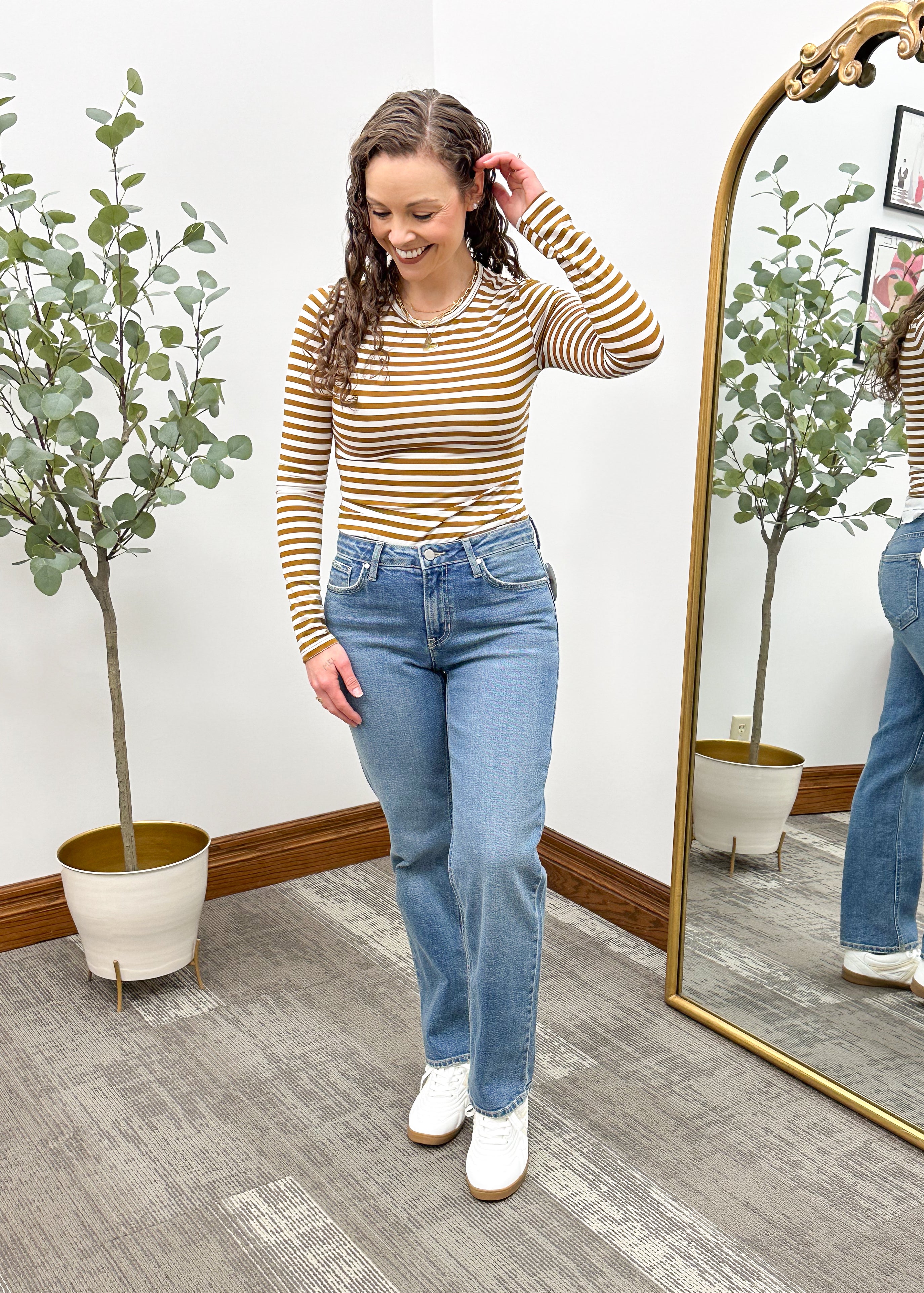 White & Brown Striped Long Sleeve Top