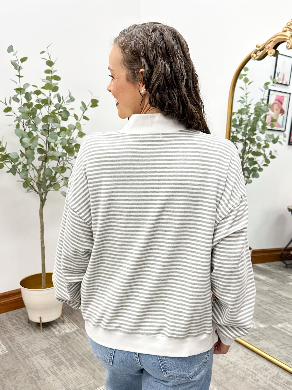 Striped Brushed Mock Neck Knit Top