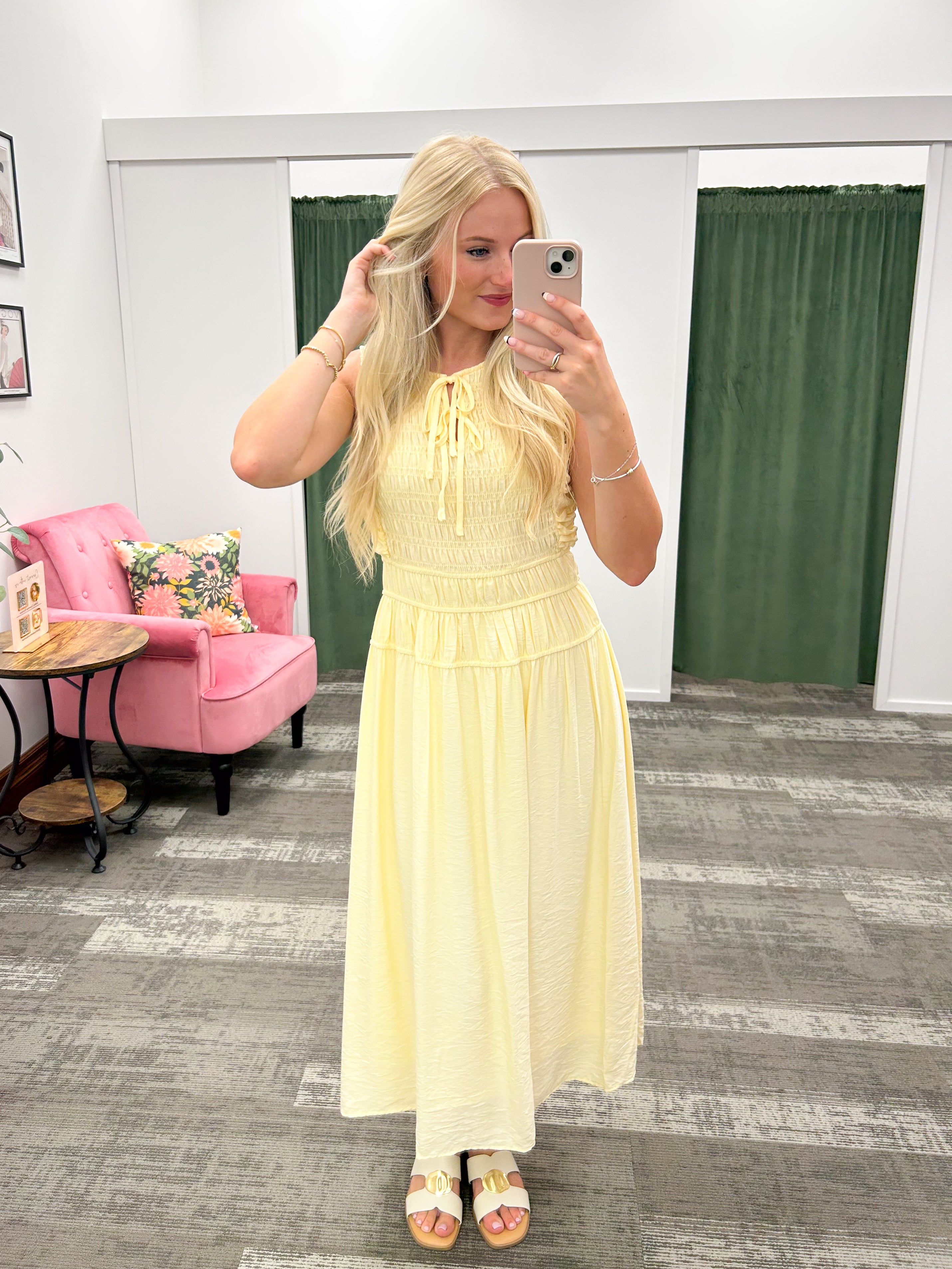 Yellow Front Tie Smocked Midi Dress