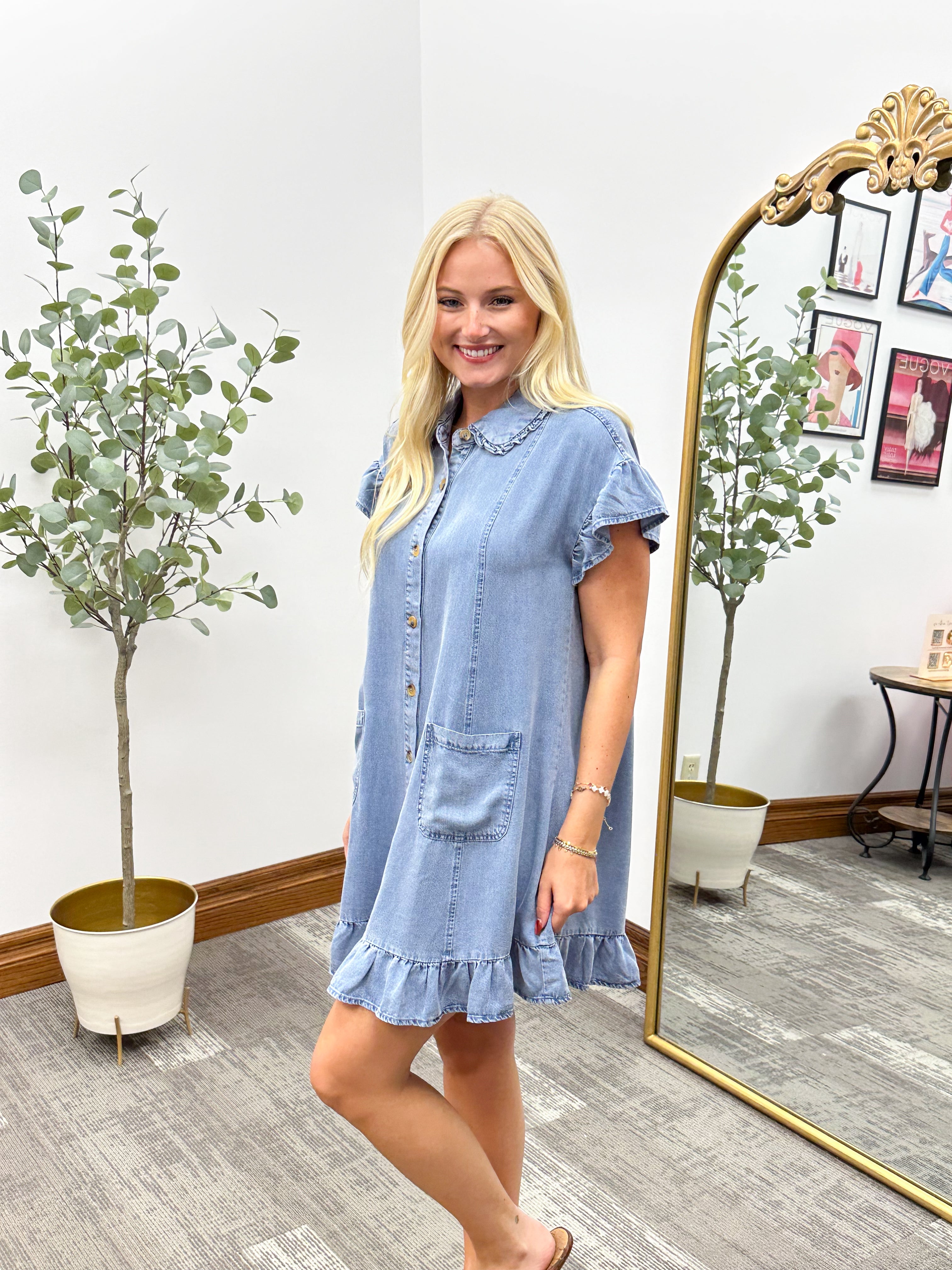 Ruffle sleeve denim dress, chambray dress, country concert outfit 