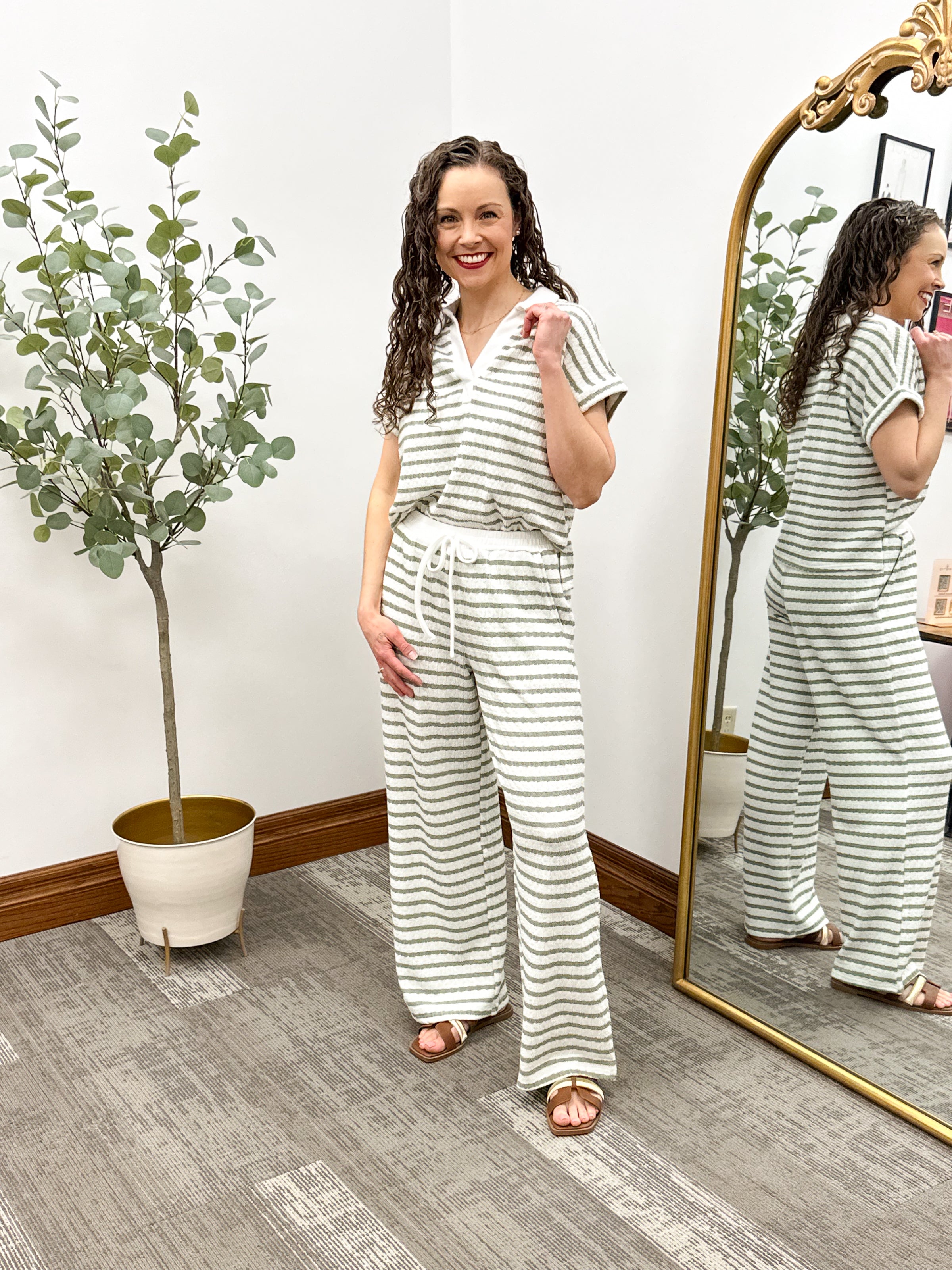 Olive Textured Striped Short Sleeve Top