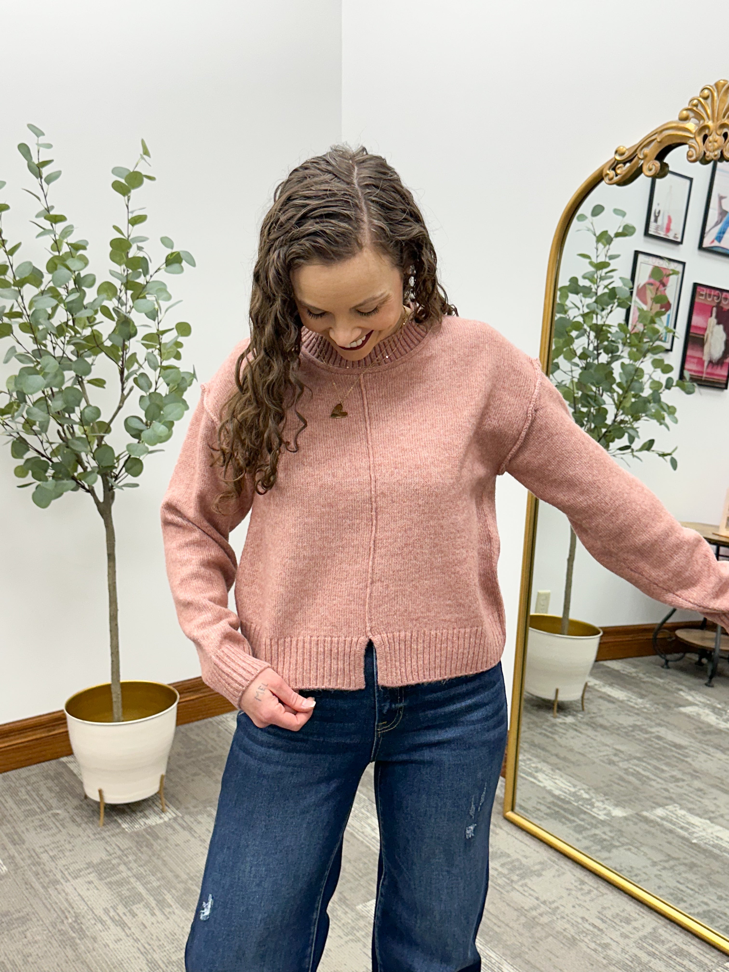 Mauve Split Hem Sweater, Front Split Hem Sweater