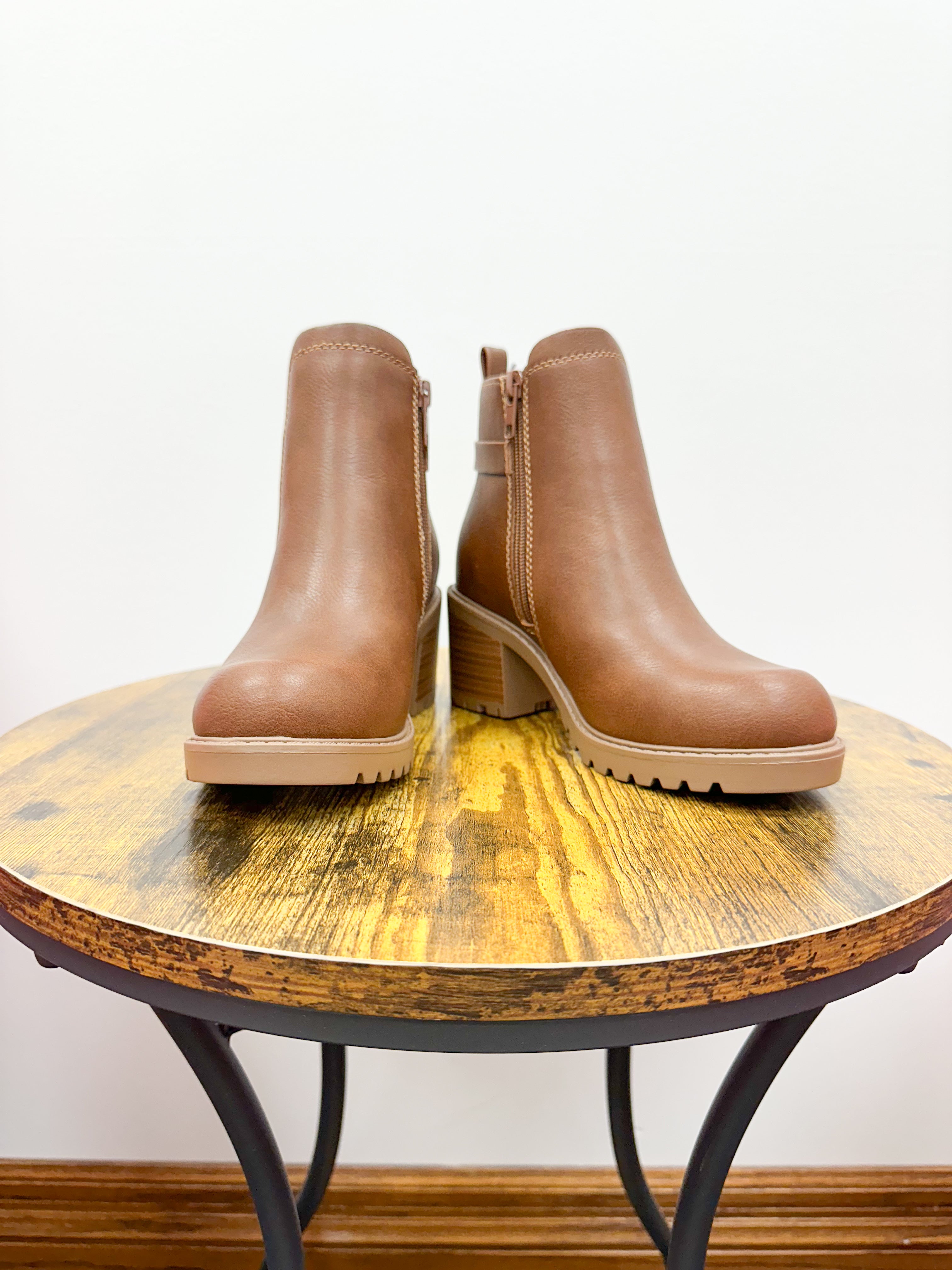 Brown Chunky Heel Bootie With Buckle and Zipper