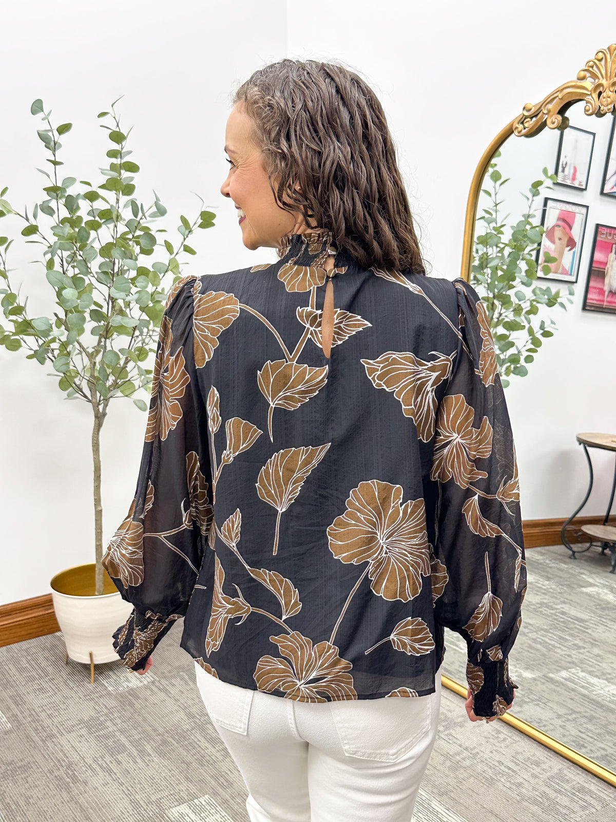 Black & Brown Floral Smocked Neck Blouse
