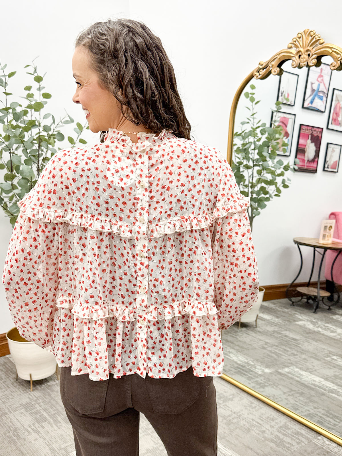 Red Floral Print Chiffon Blouse