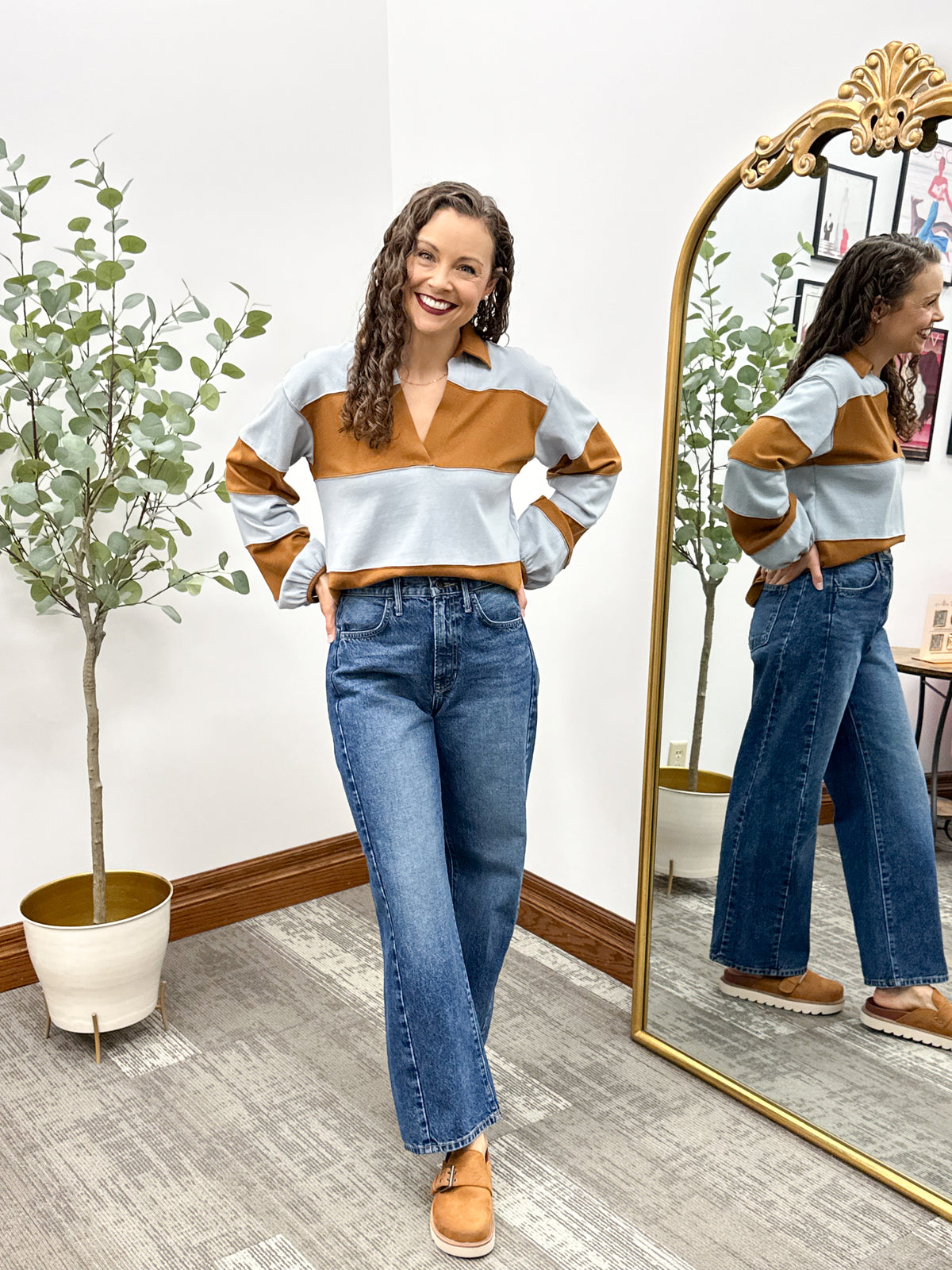 Tan & Blue Striped Collared Long Sleeve Top