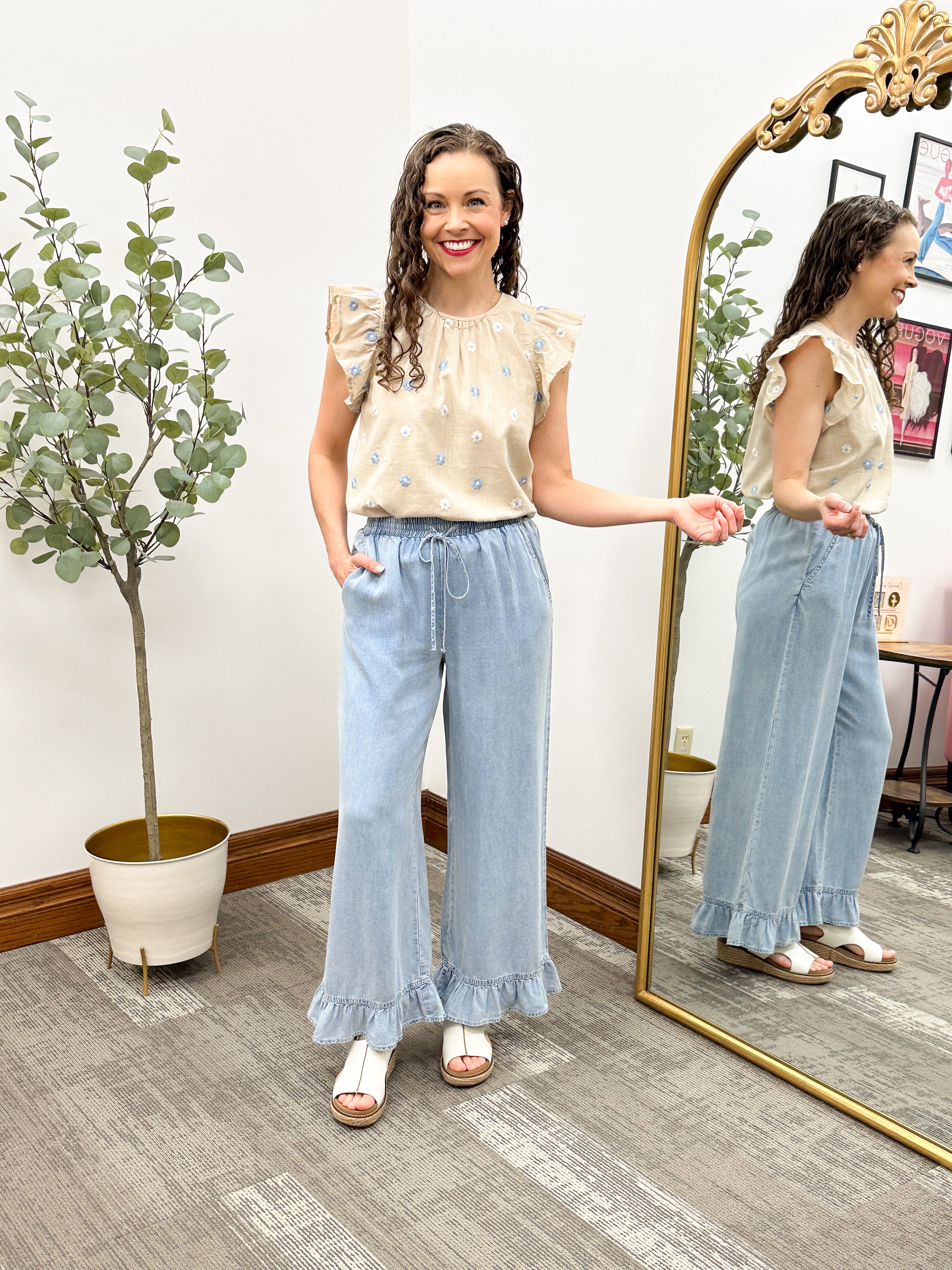 Blue Floral Embroidered Ruffle Sleeve Top
