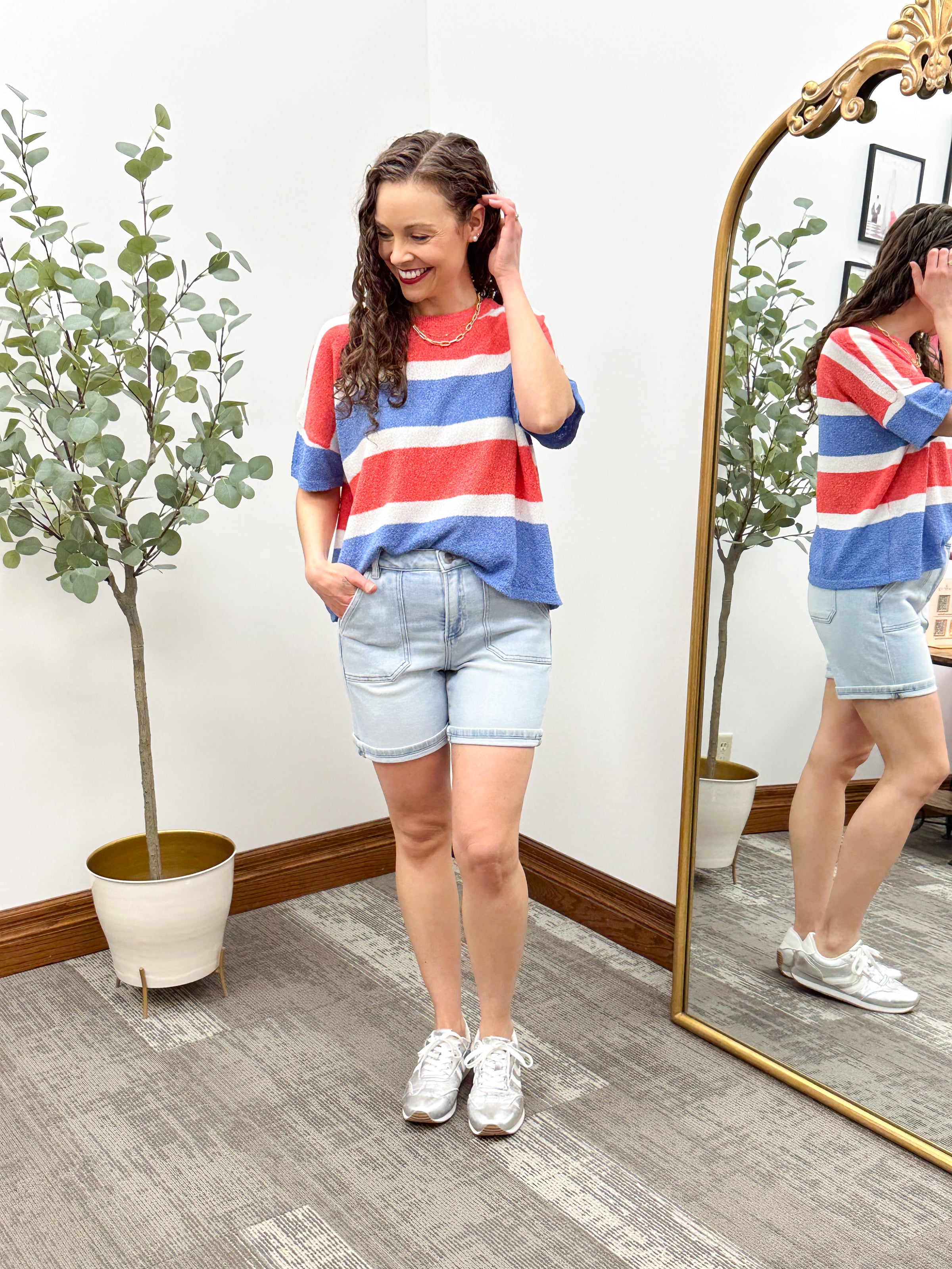 Red, White & Blue Striped Boxy Sweater Top