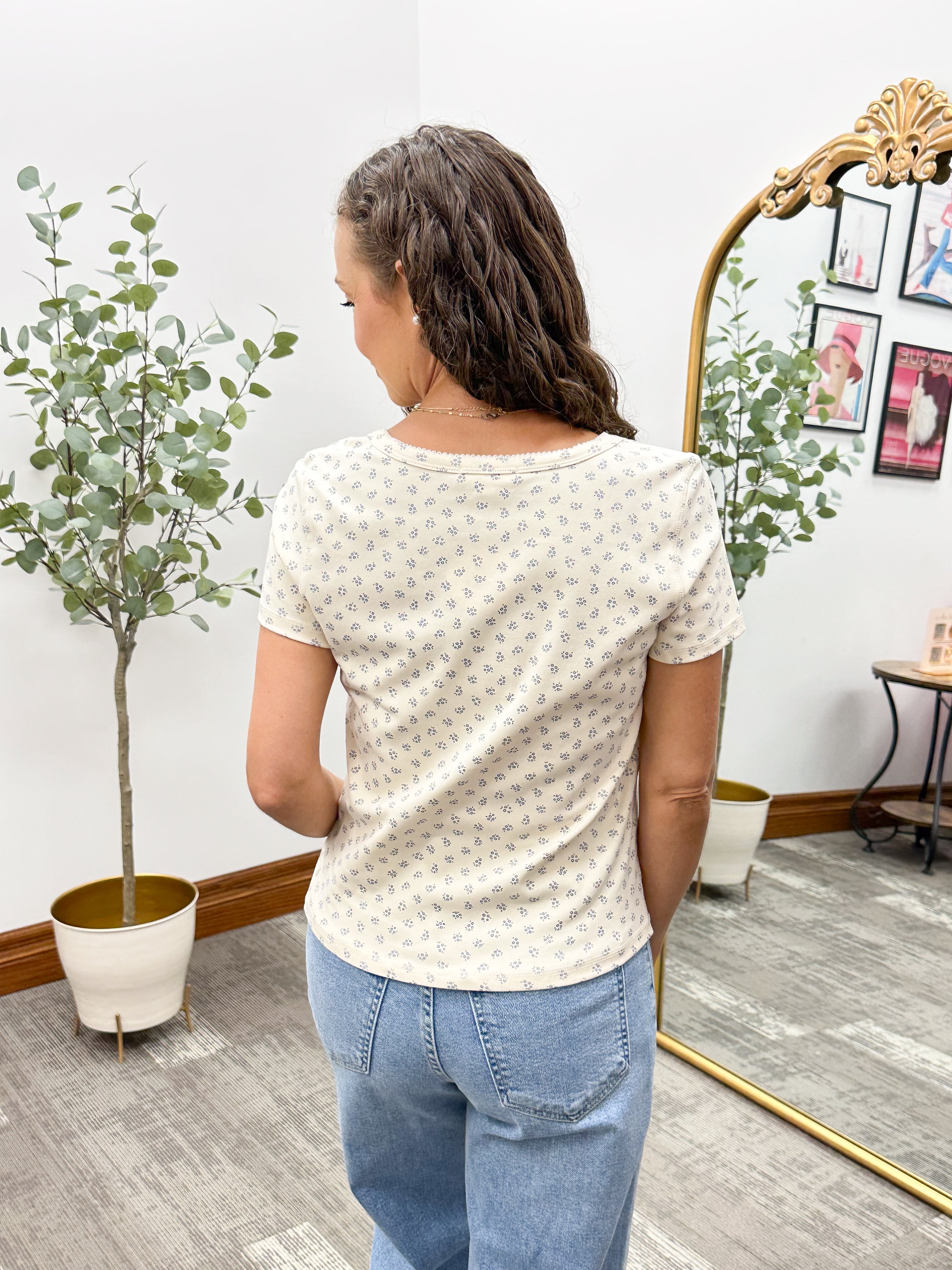 Cream Floral Button Front Tee