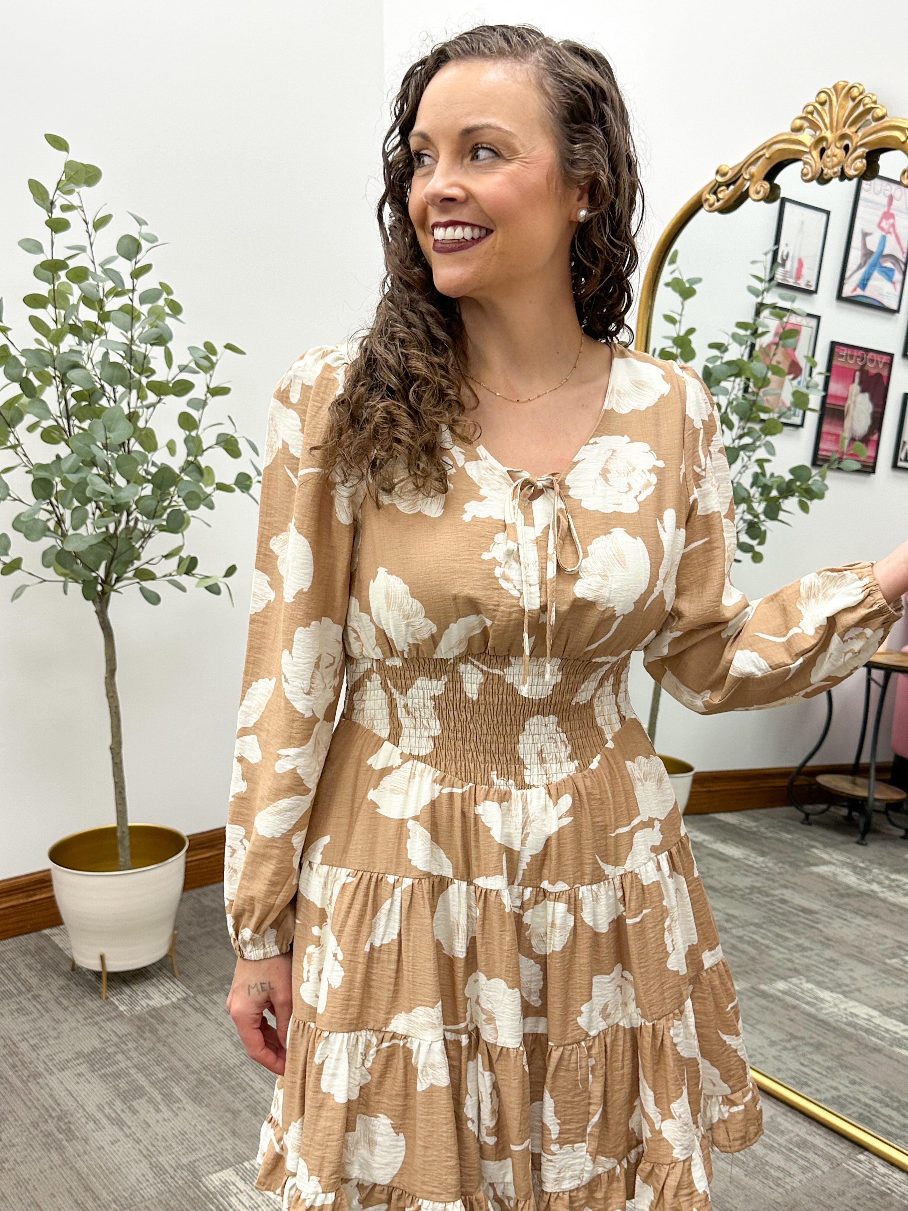 Tan and Cream Floral Print Long Sleeve Dress