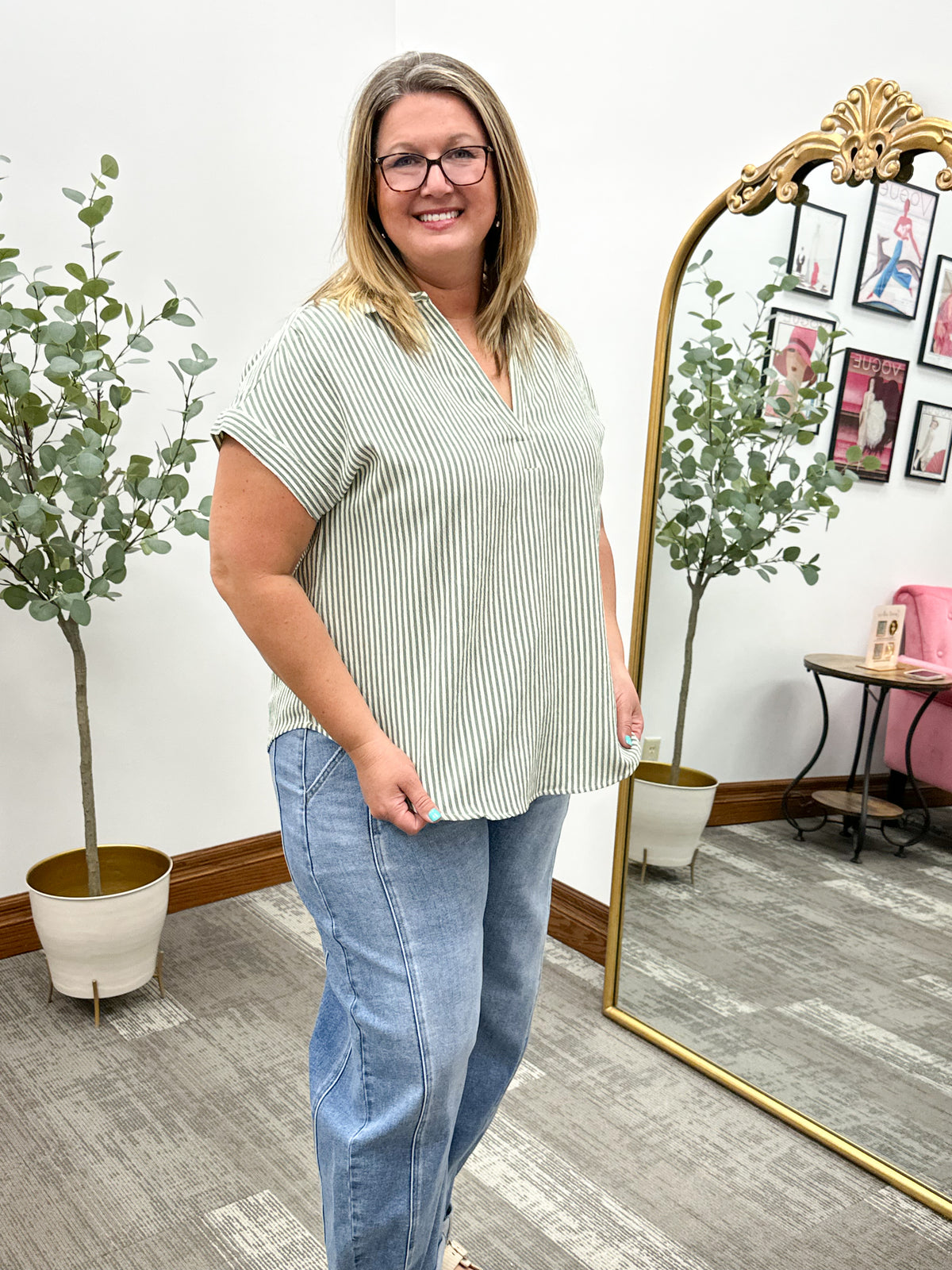 Plus size v-neck vertical striped blouse 