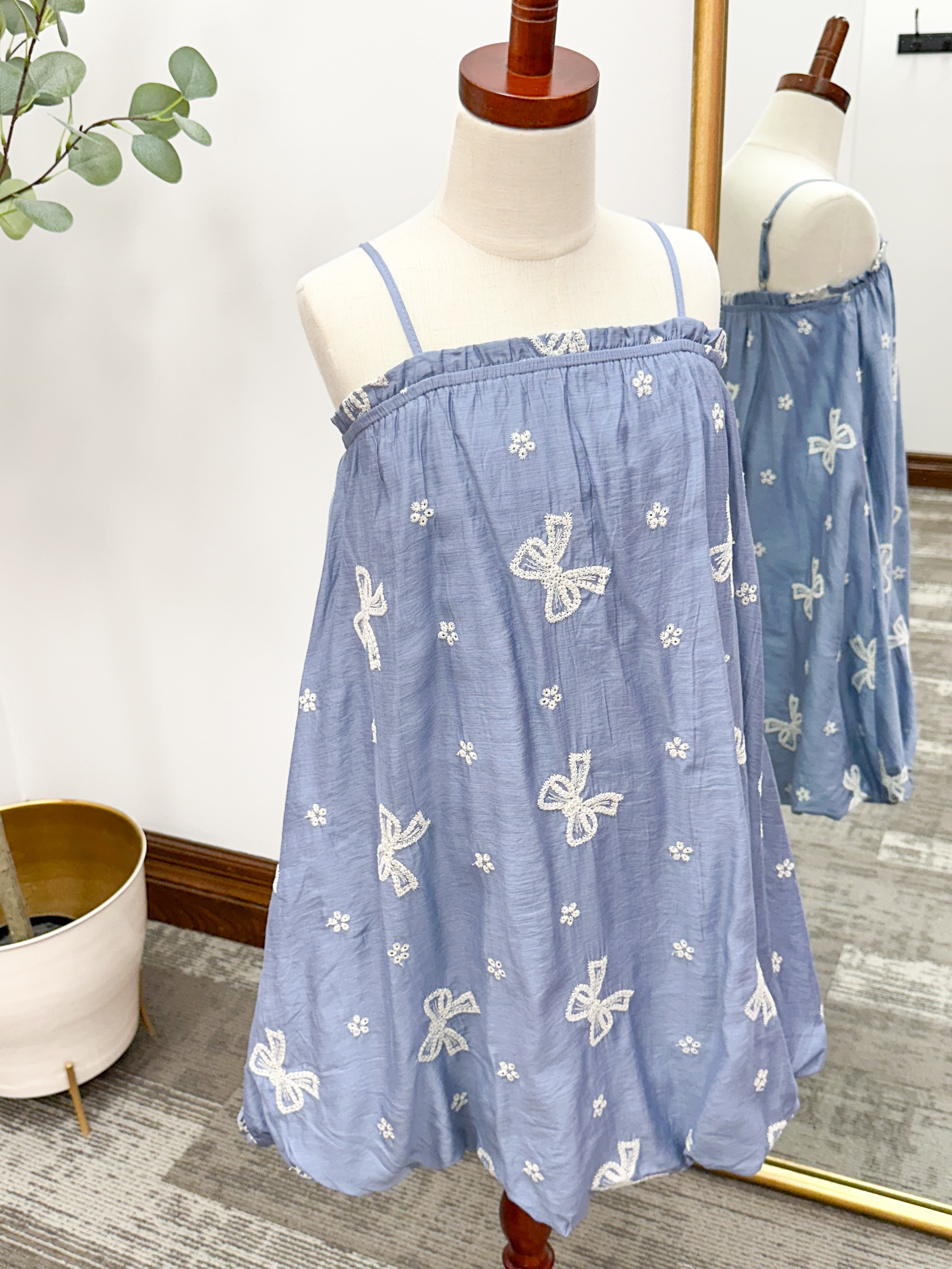 Girls Blue Bow Embroidered Dress