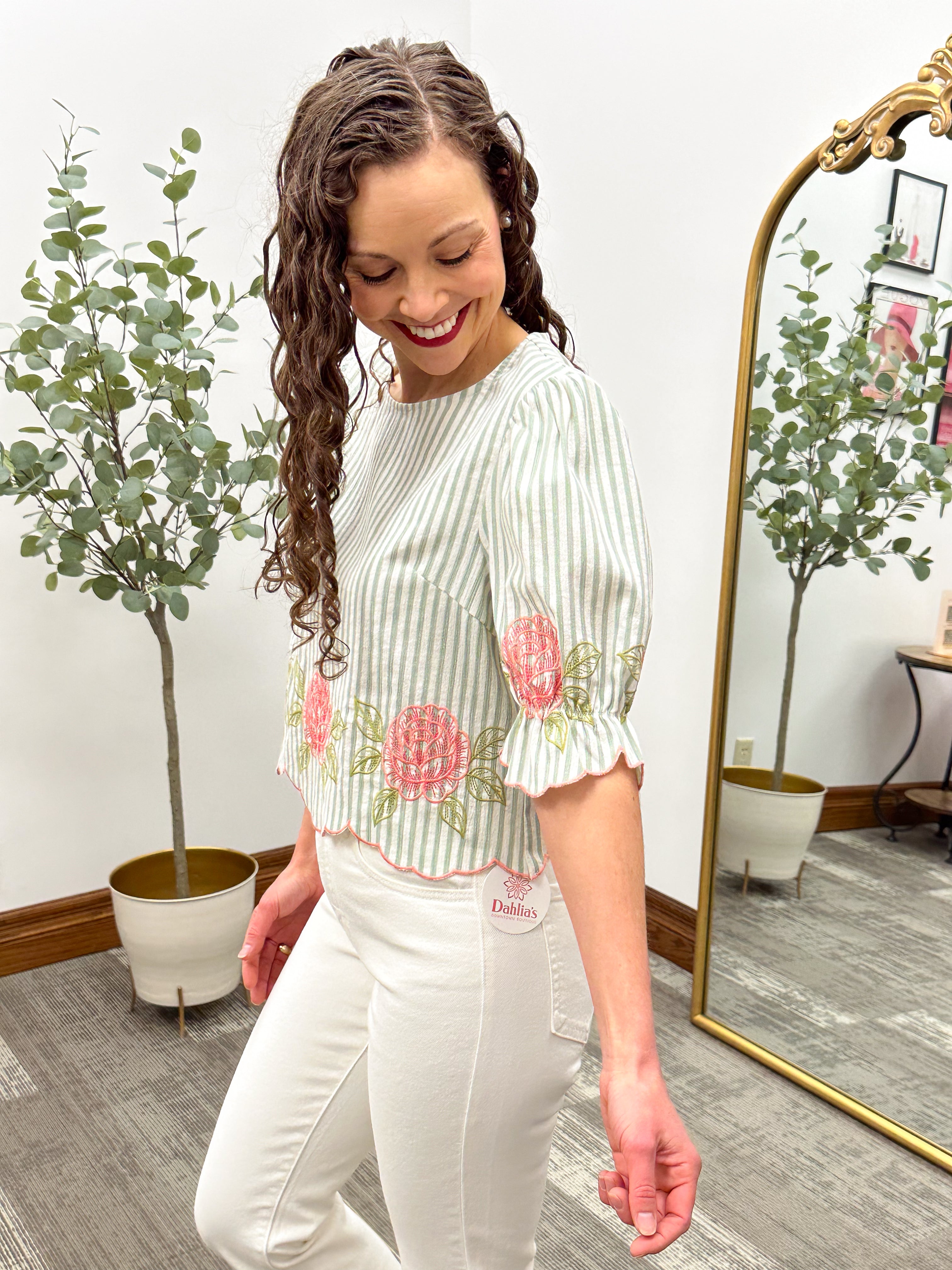 Floral Embroidered Striped Blouse