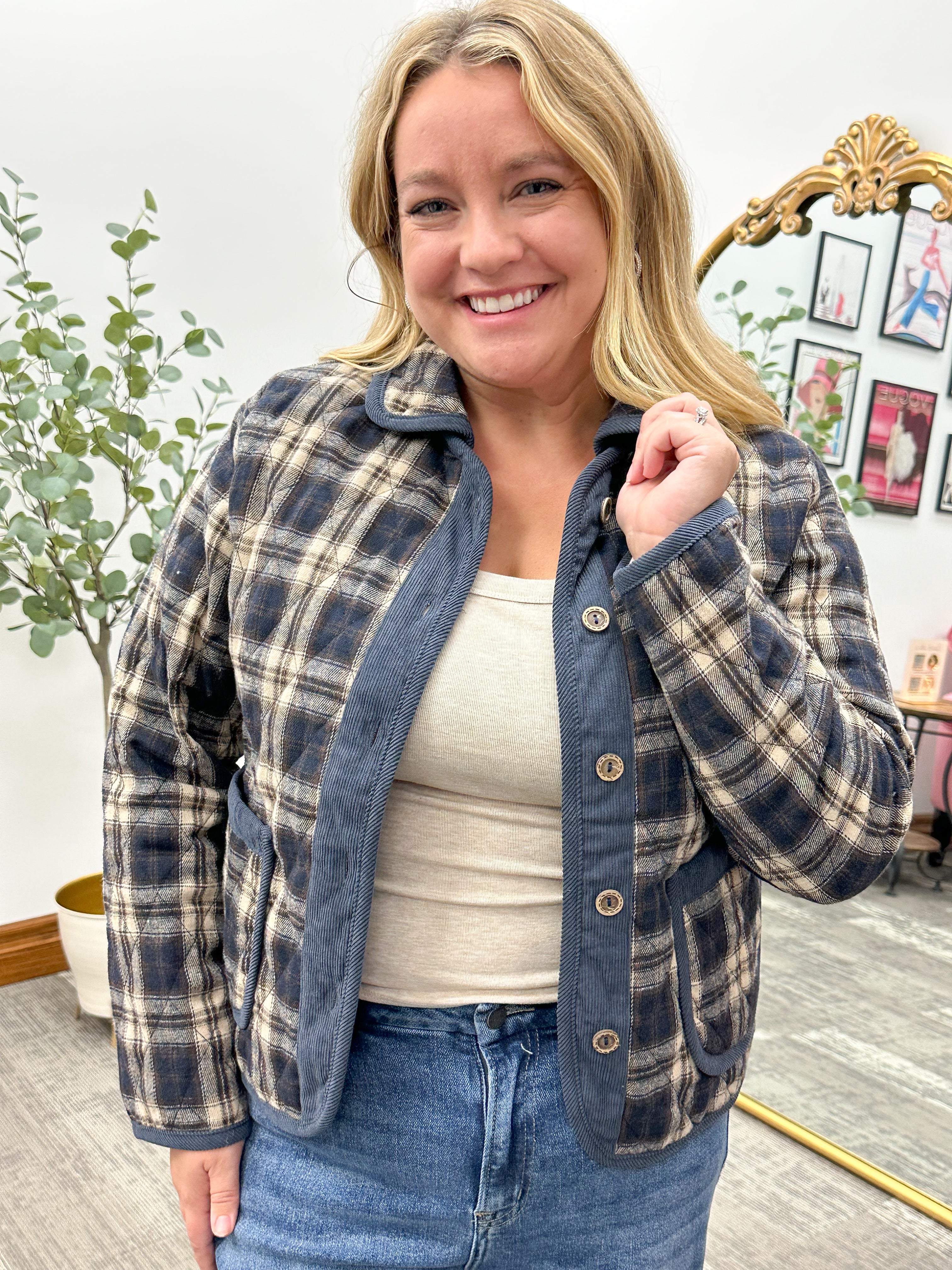 Navy Plaid Quilted Jacket