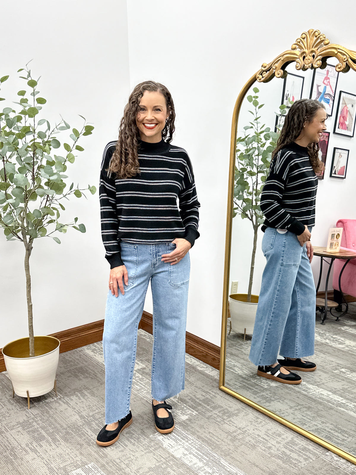 Black & White Striped Mock Neck Sweater