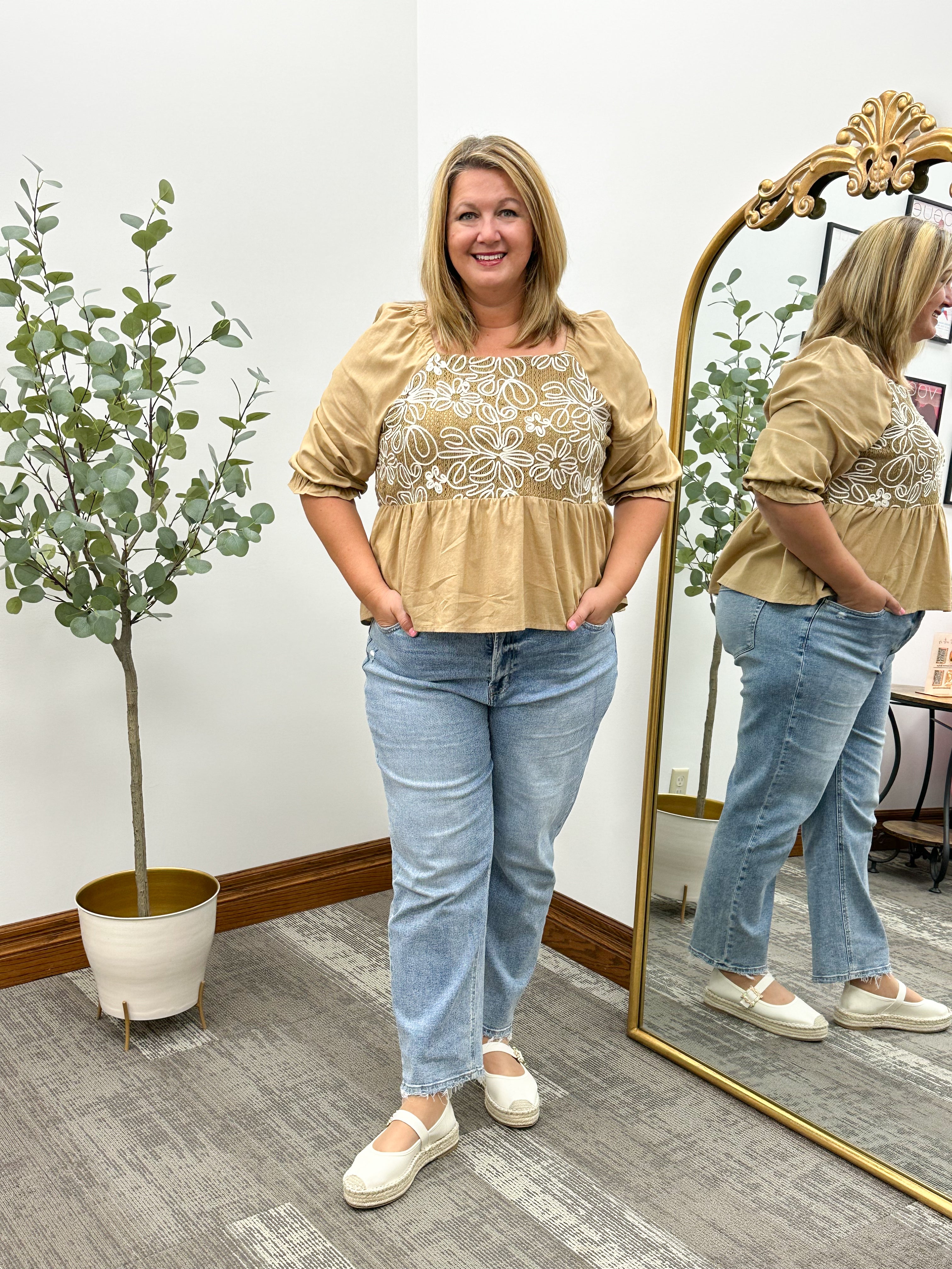 Floral Embroidered Mixed Media Peplum Top