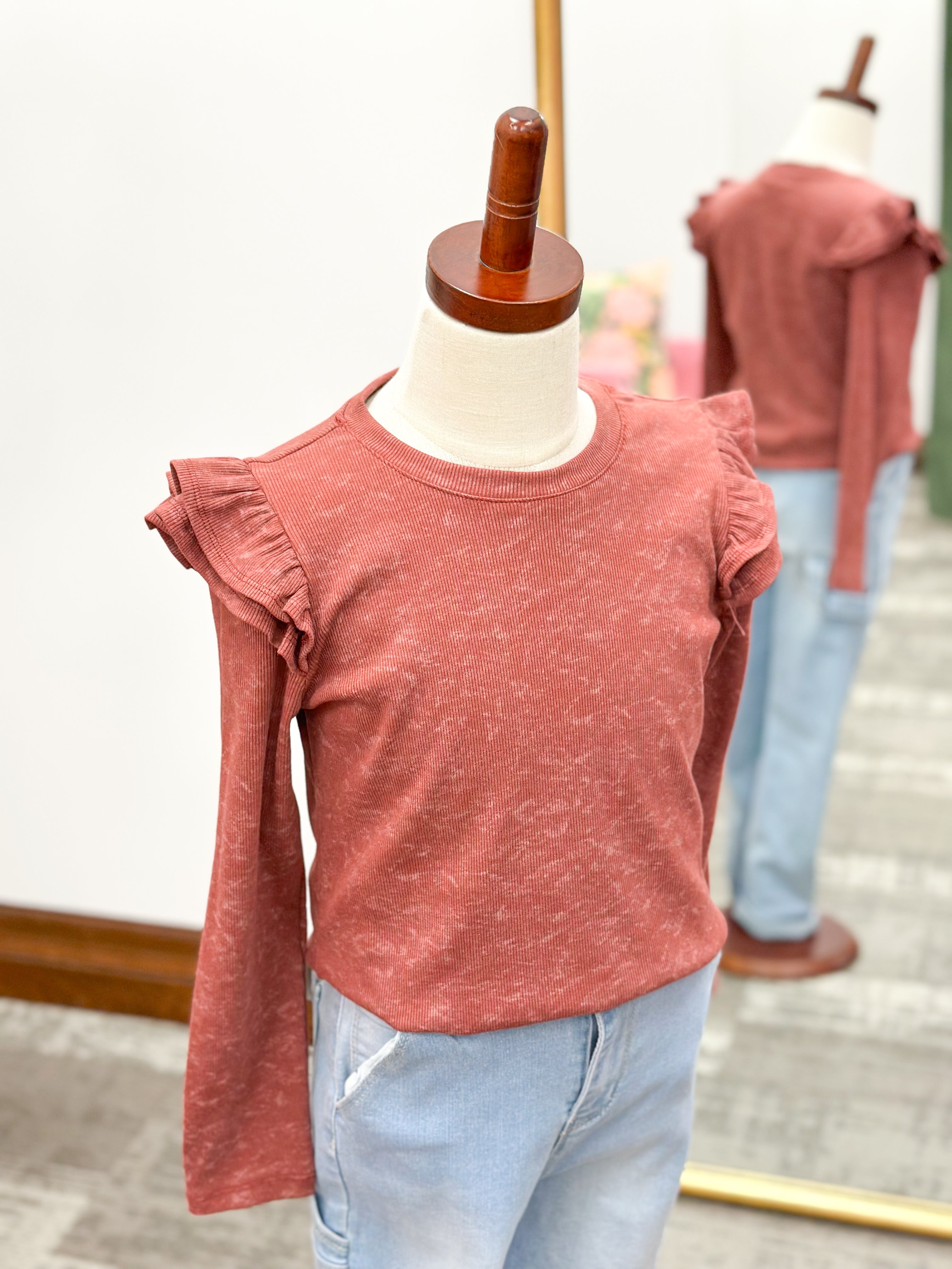 Girls Ruffle Ribbed Knit Long Sleeve Top