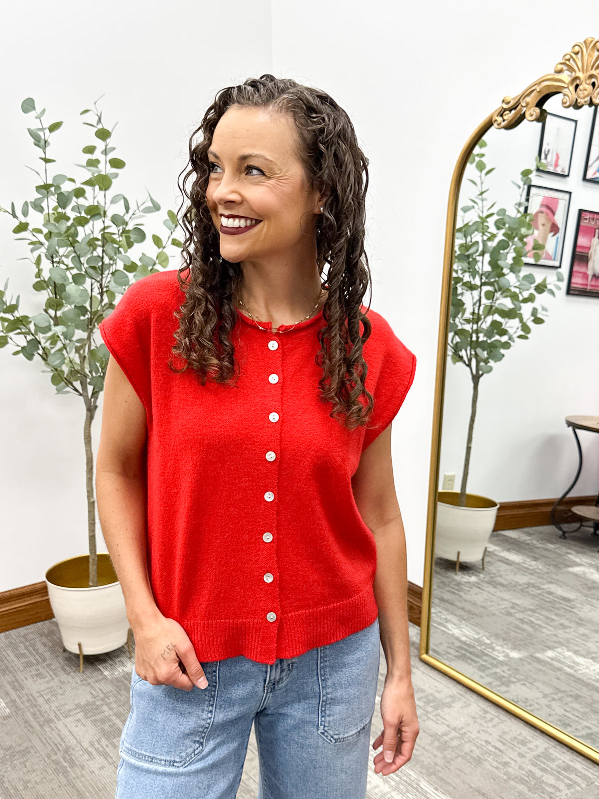 Red Lightweight Sleeveless Button Cardigan