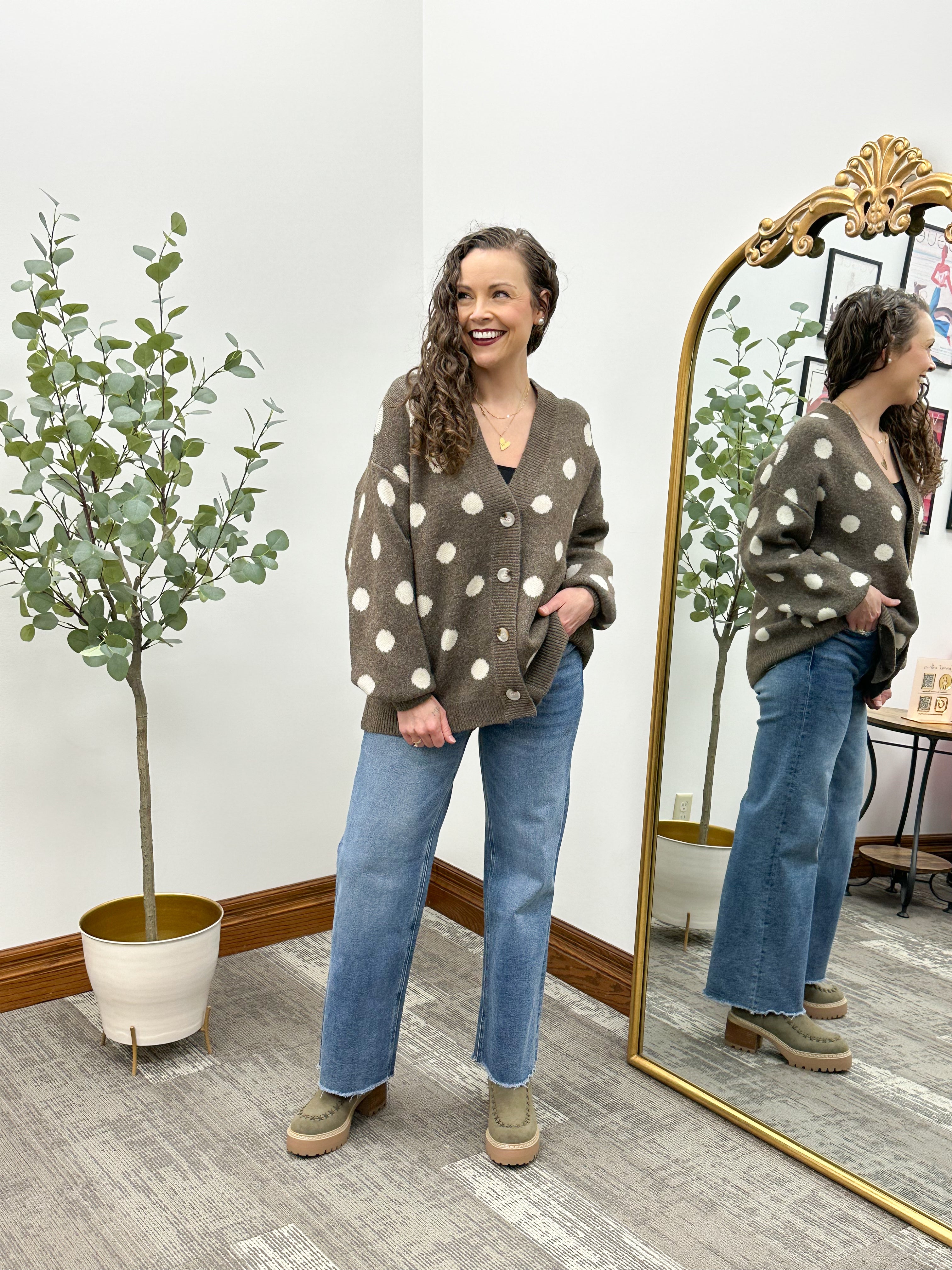 Oversized Mocha Polka Dot Cardigan