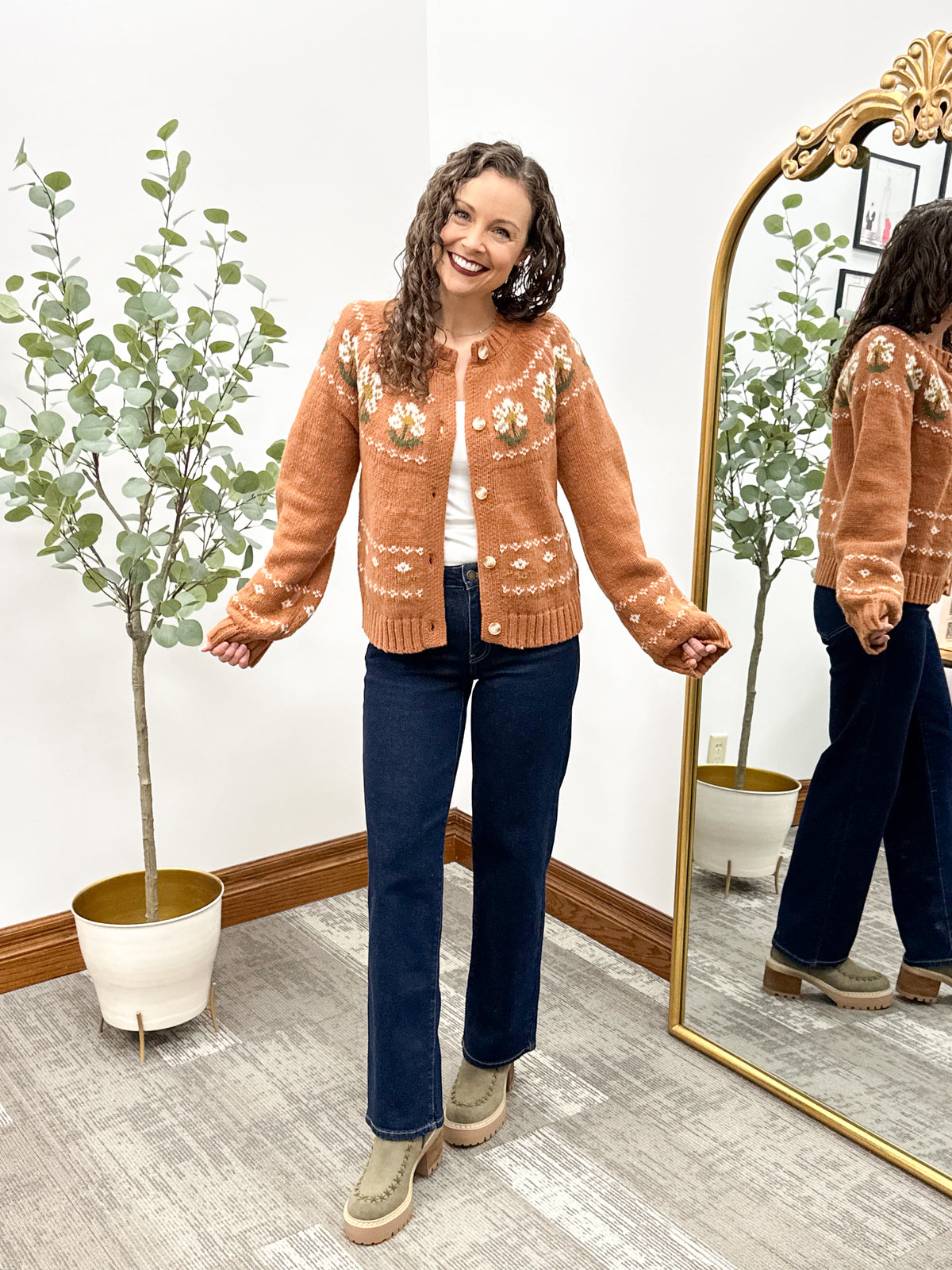 Rust Floral Button Up Cardigan