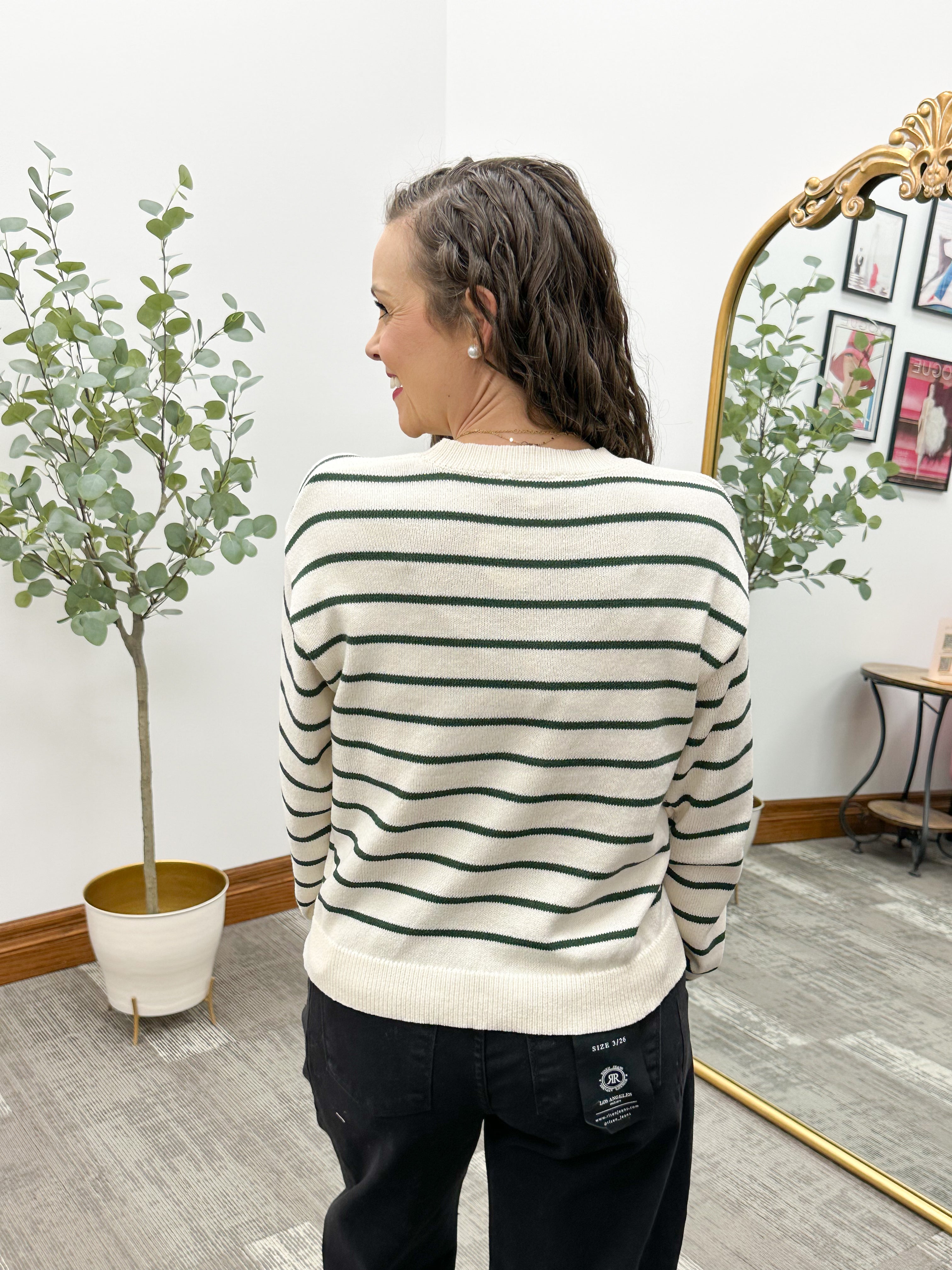 Cream & Green Striped Sweater