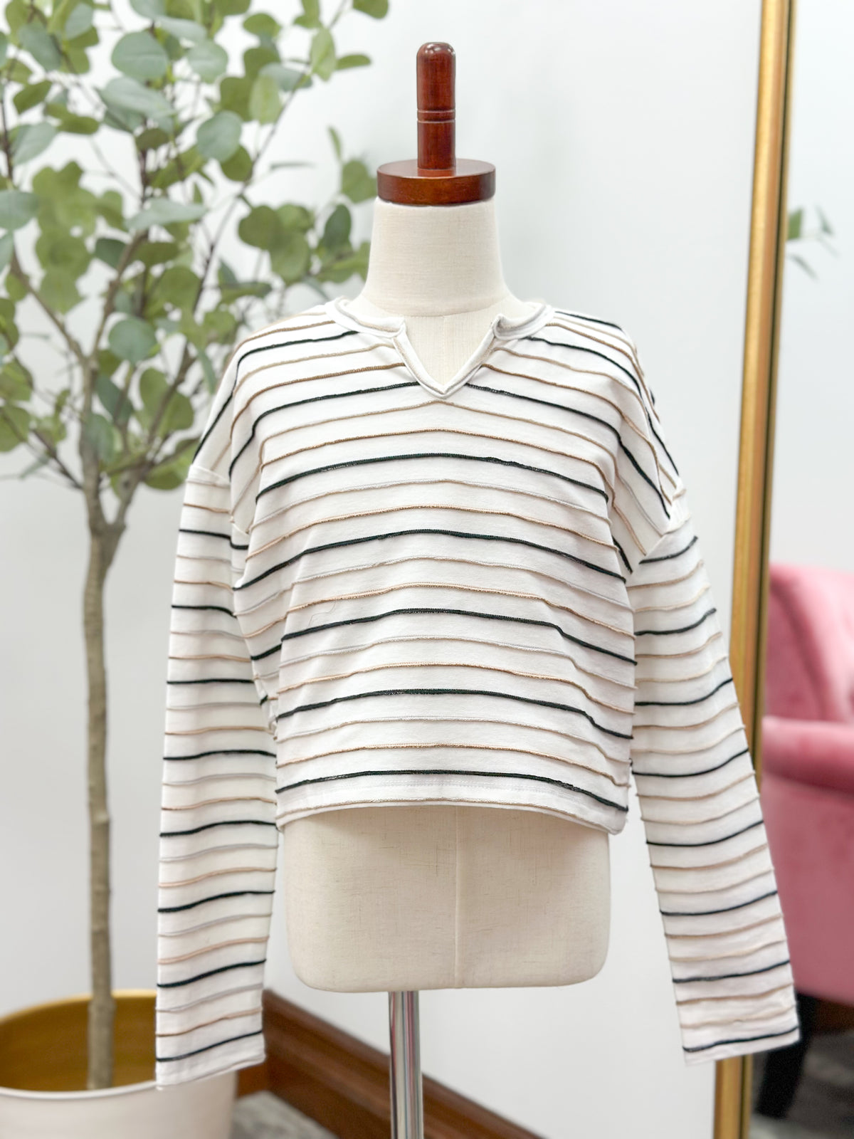 Girls Cream Striped Textured Long Sleeve Top