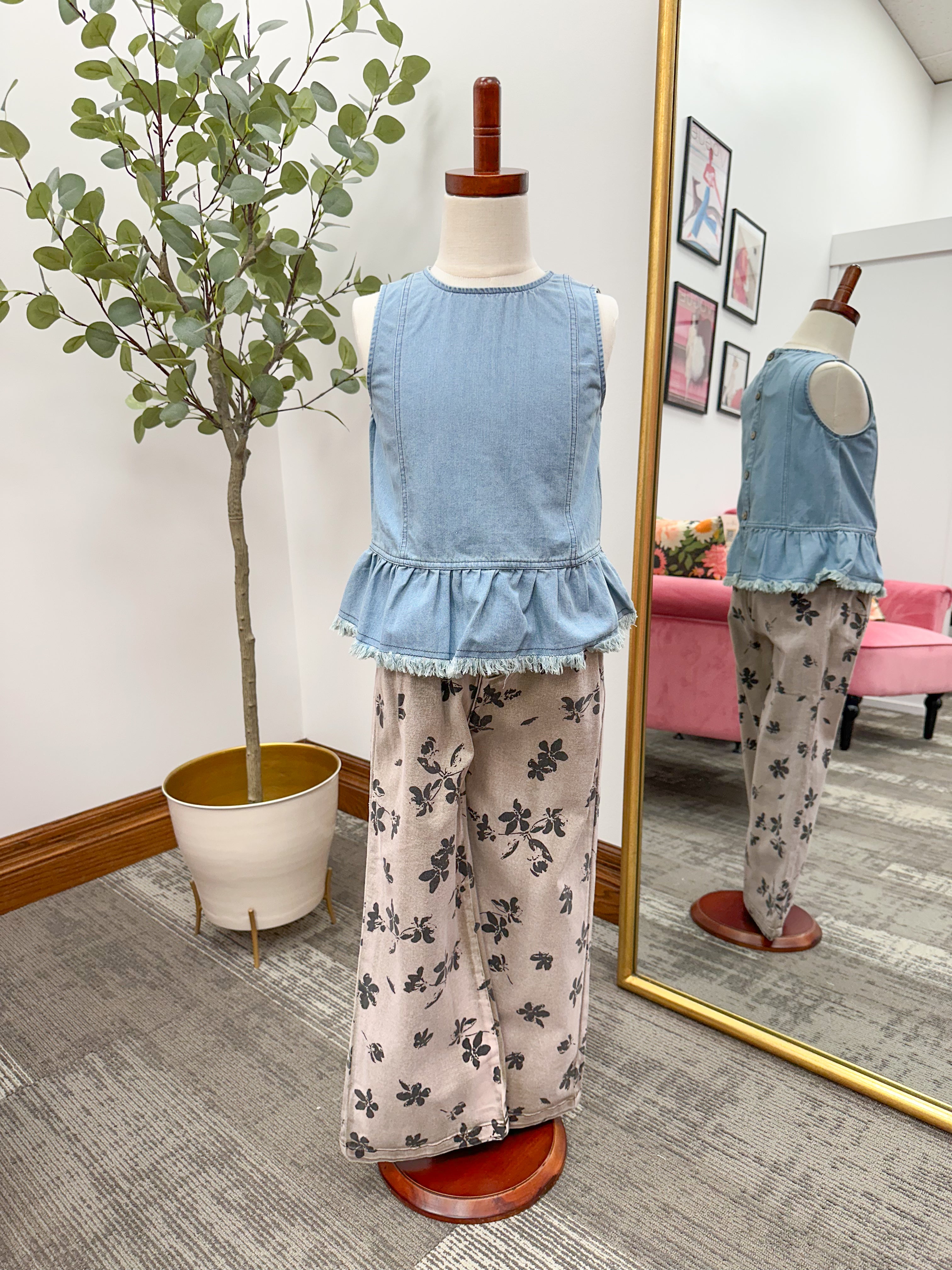 Girls Brown Floral Wide Leg Jeans