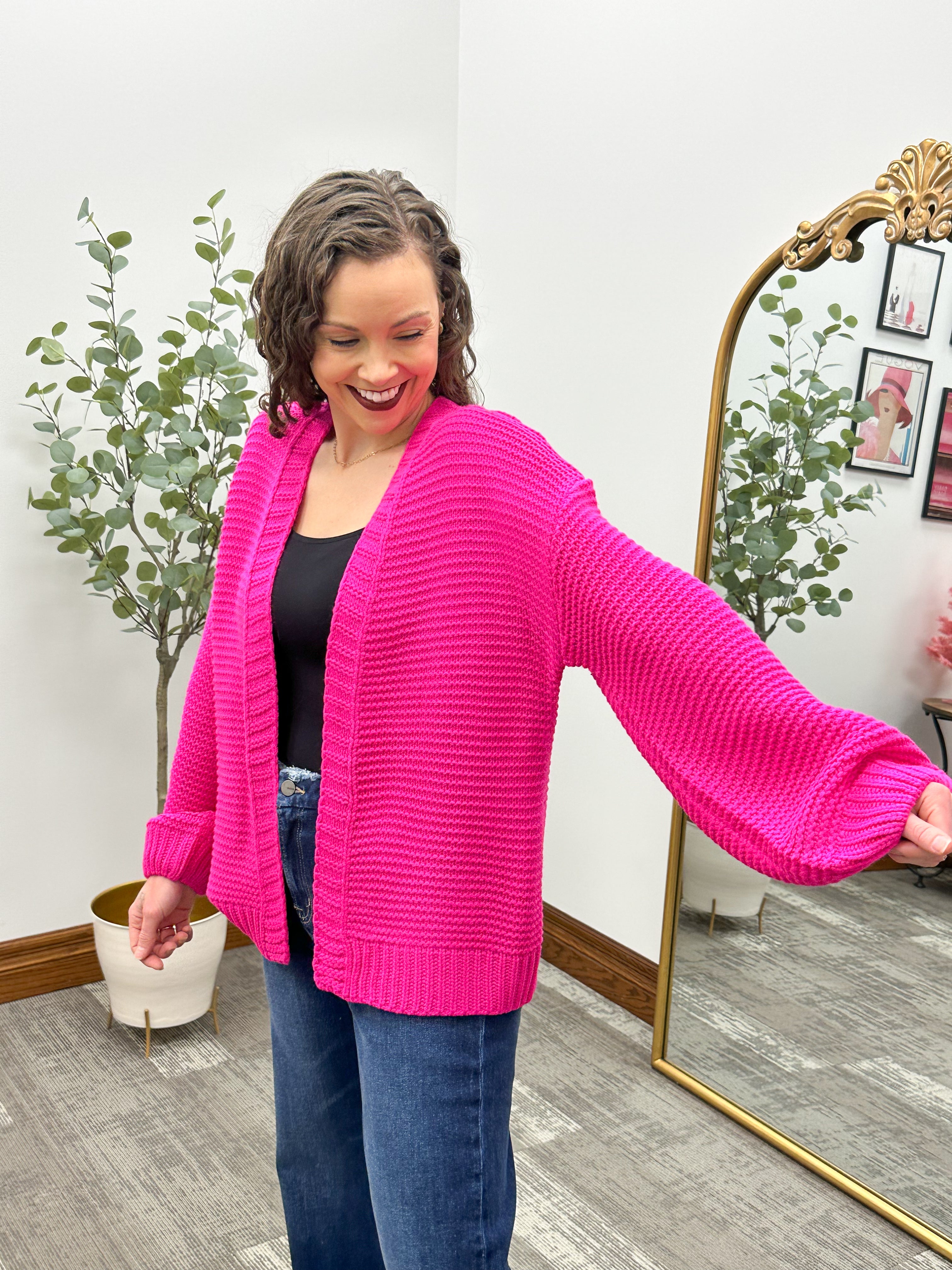 Hot Pink Chunky Knit 'SKI' Cardigan