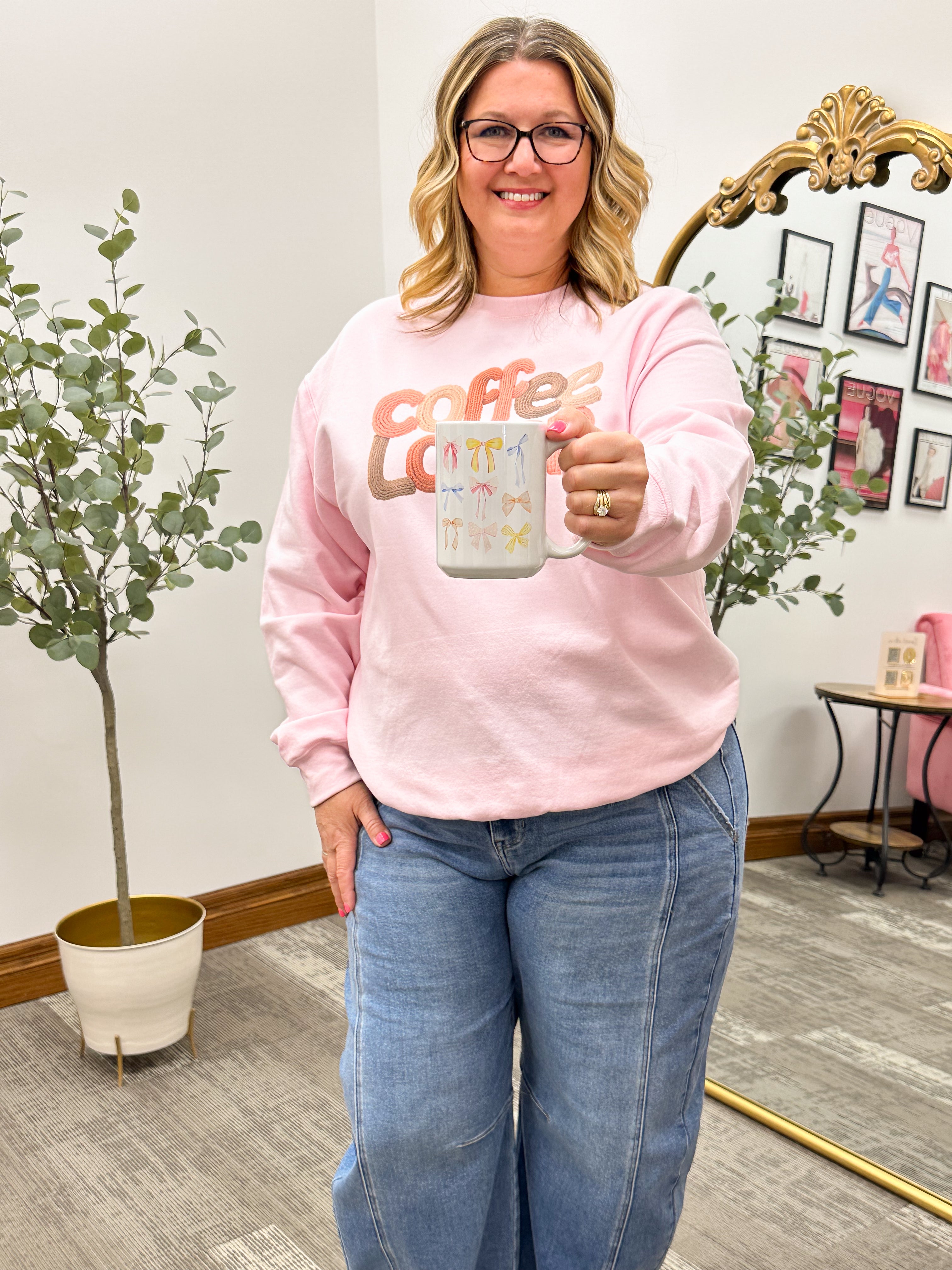 "Coffee Lover" Knit Yarn Print Pink Crewneck Sweatshirt