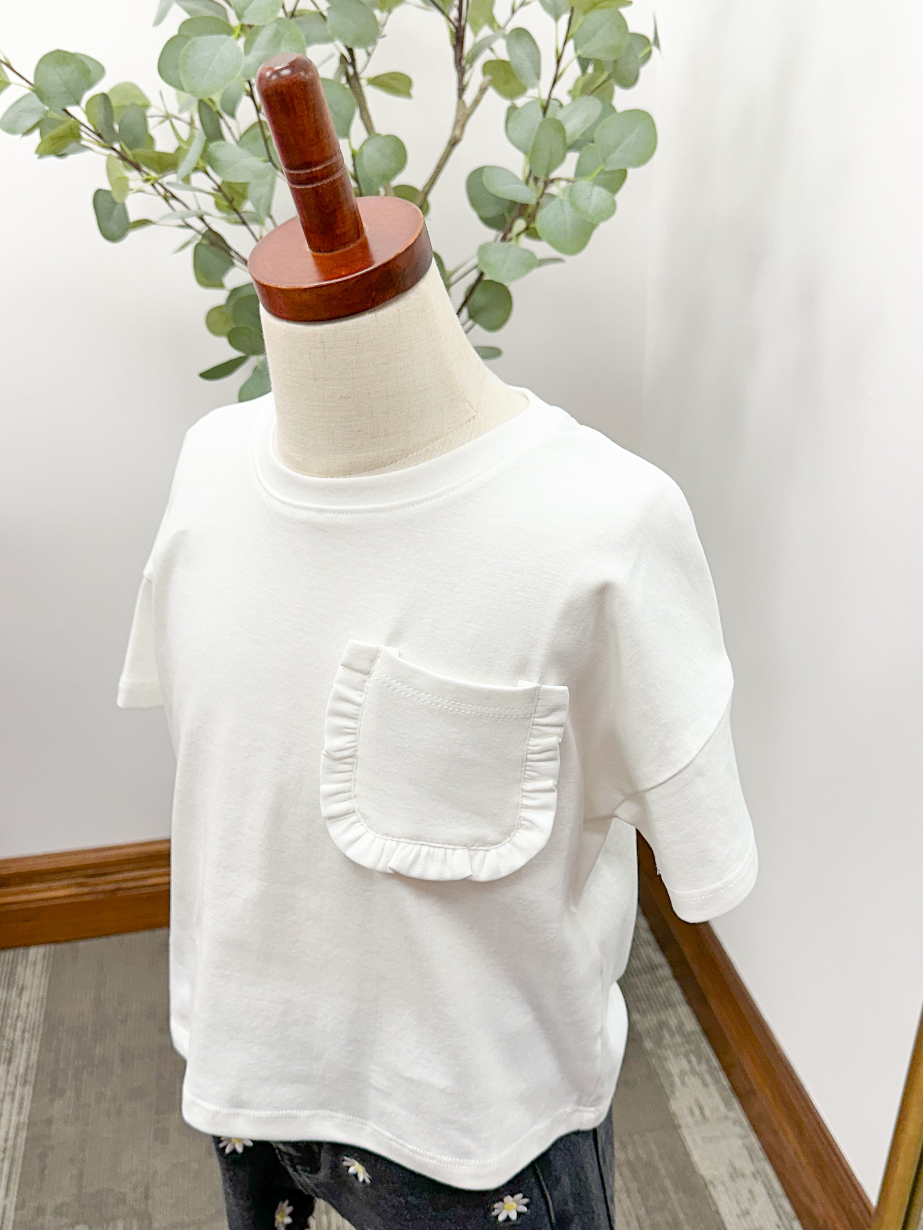 Girls White Ruffle Pocket T-Shirt