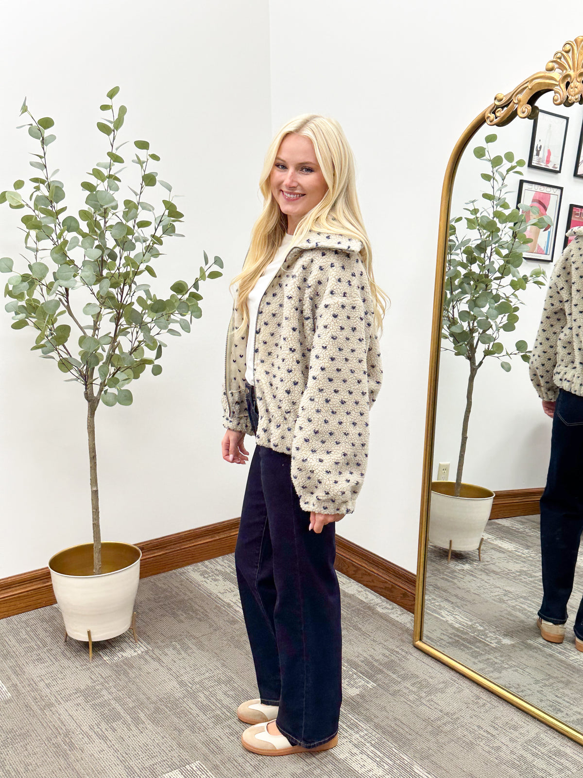 Navy Heart Print Sherpa Zip Up Jacket
