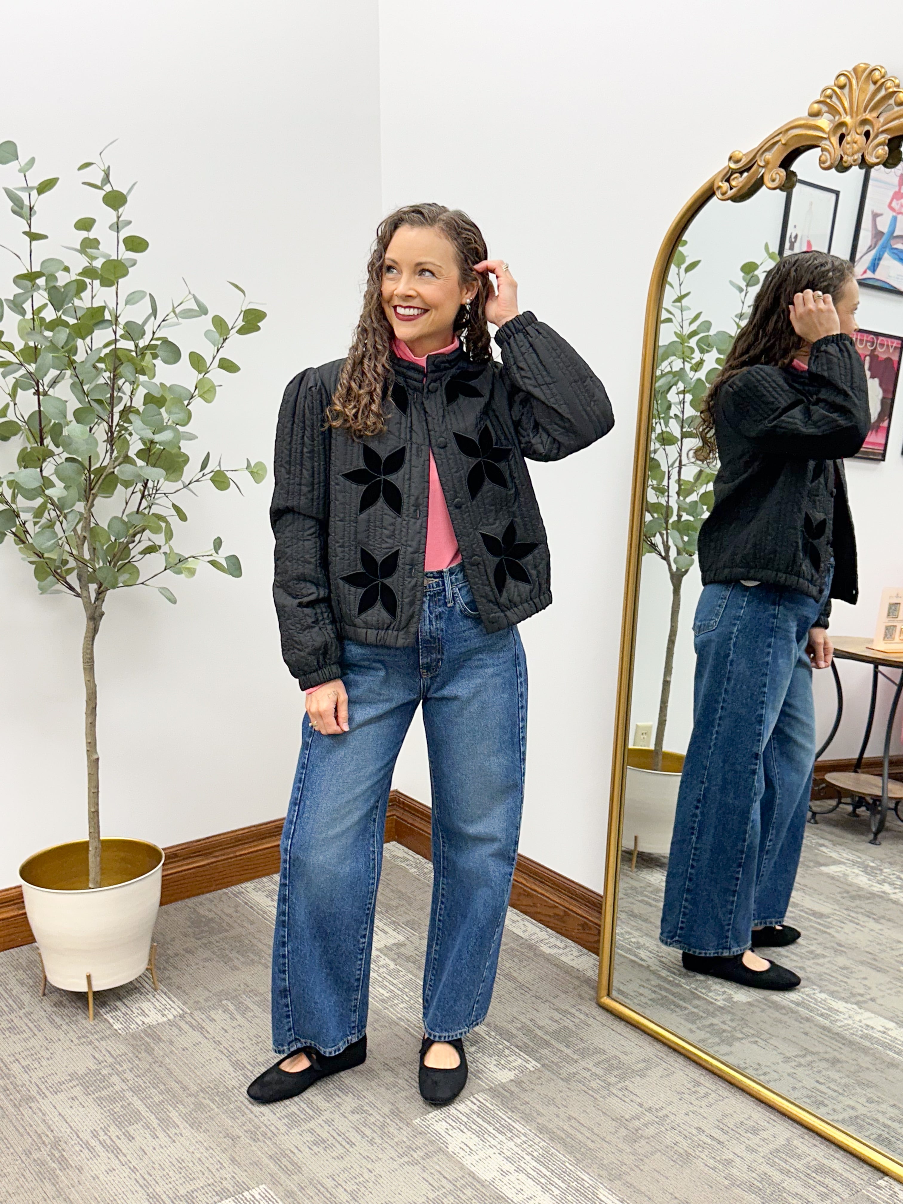 Black Velvet Flower Quilted Jacket