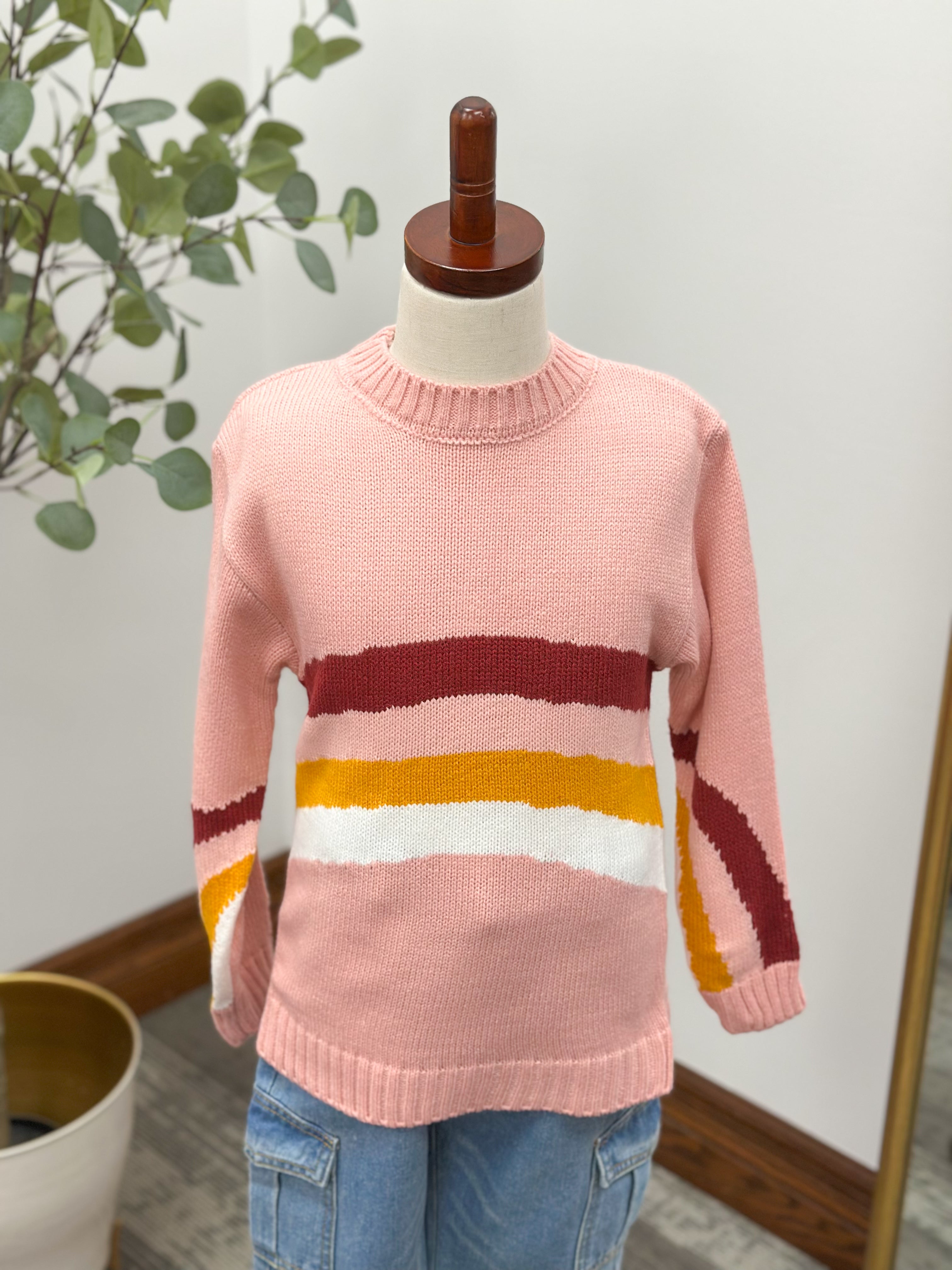 Girls Pink Multi Colored Striped Sweater