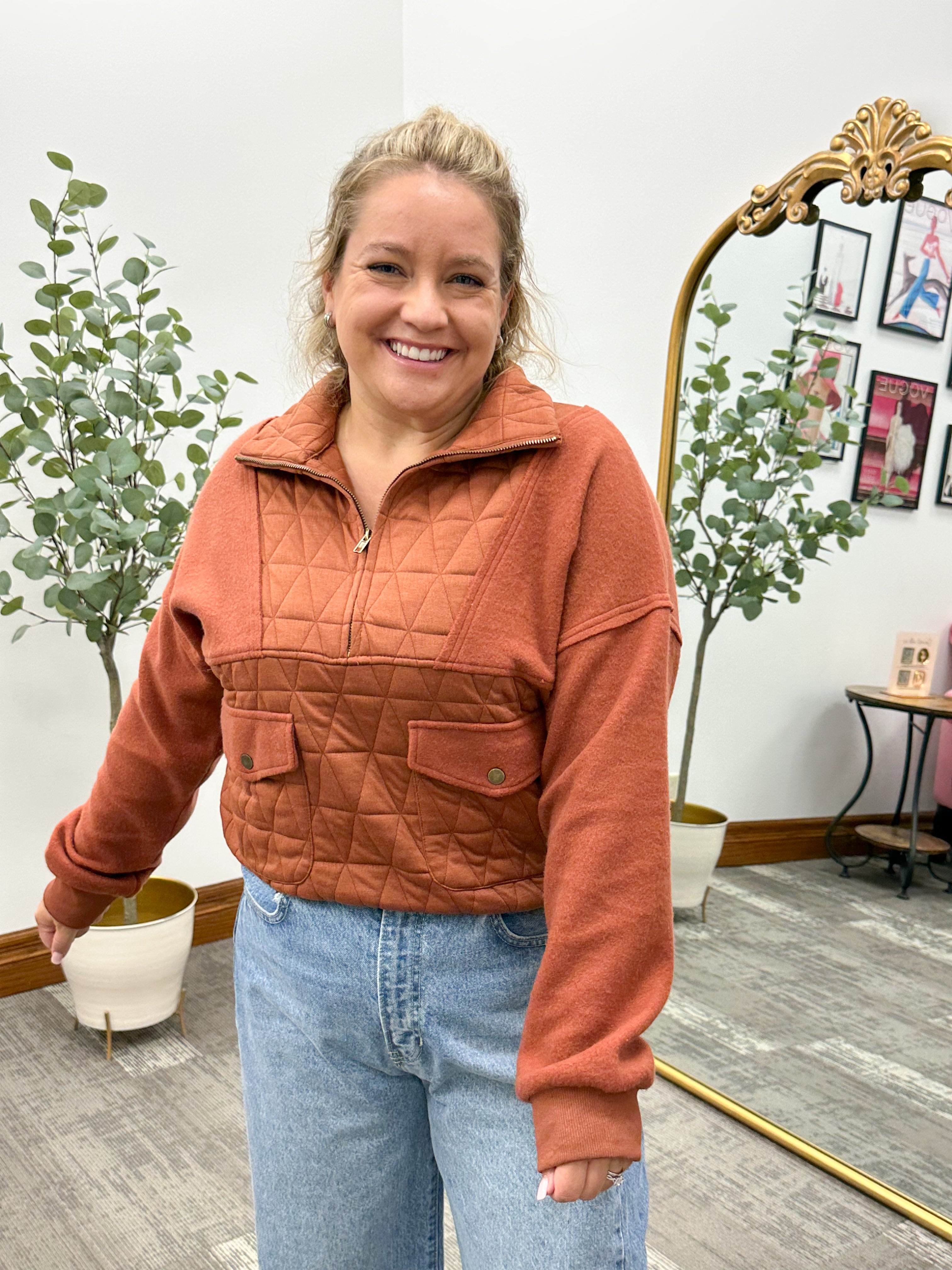 Rust Quilted Front Pocket Pullover 