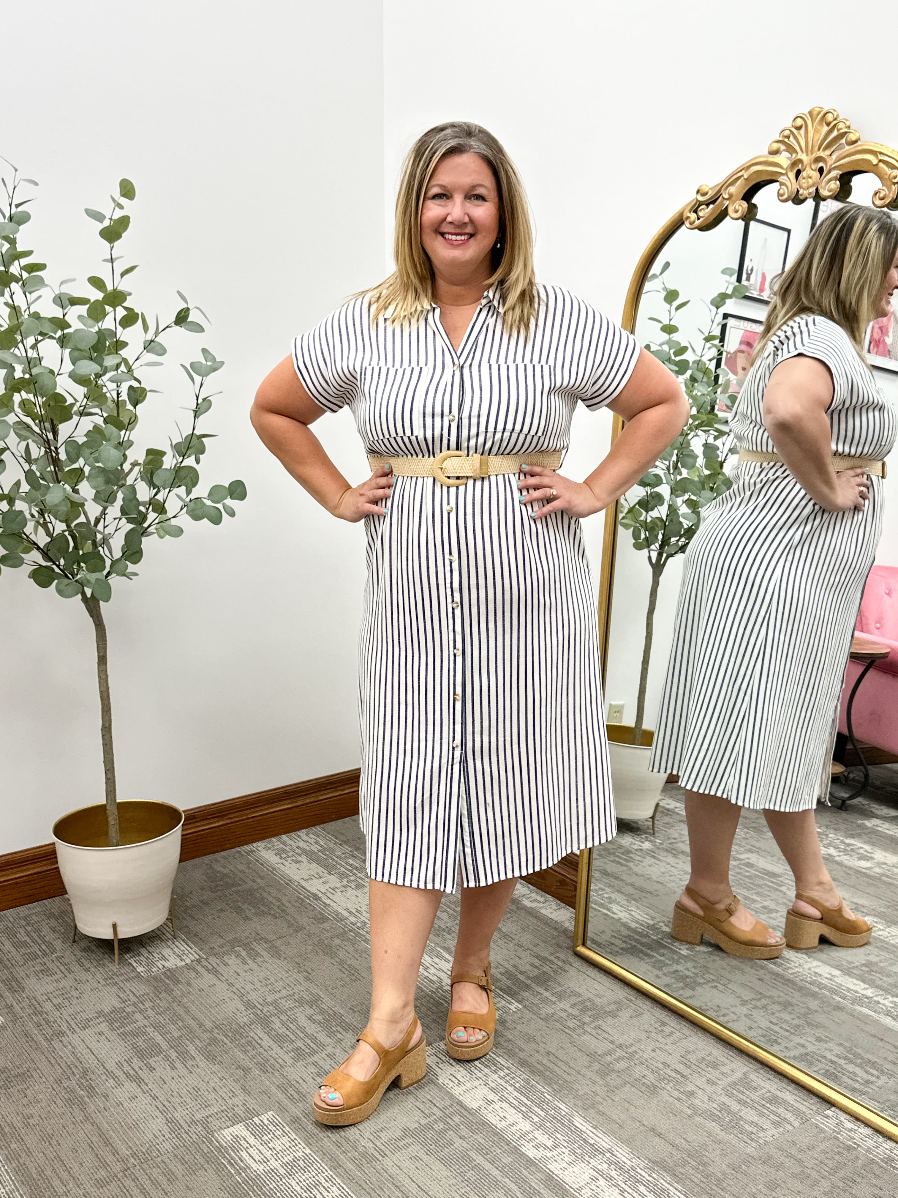 Plus Size Striped Midi Dress With Belt, Plus Size Dress, Cute Plus Size Dress
