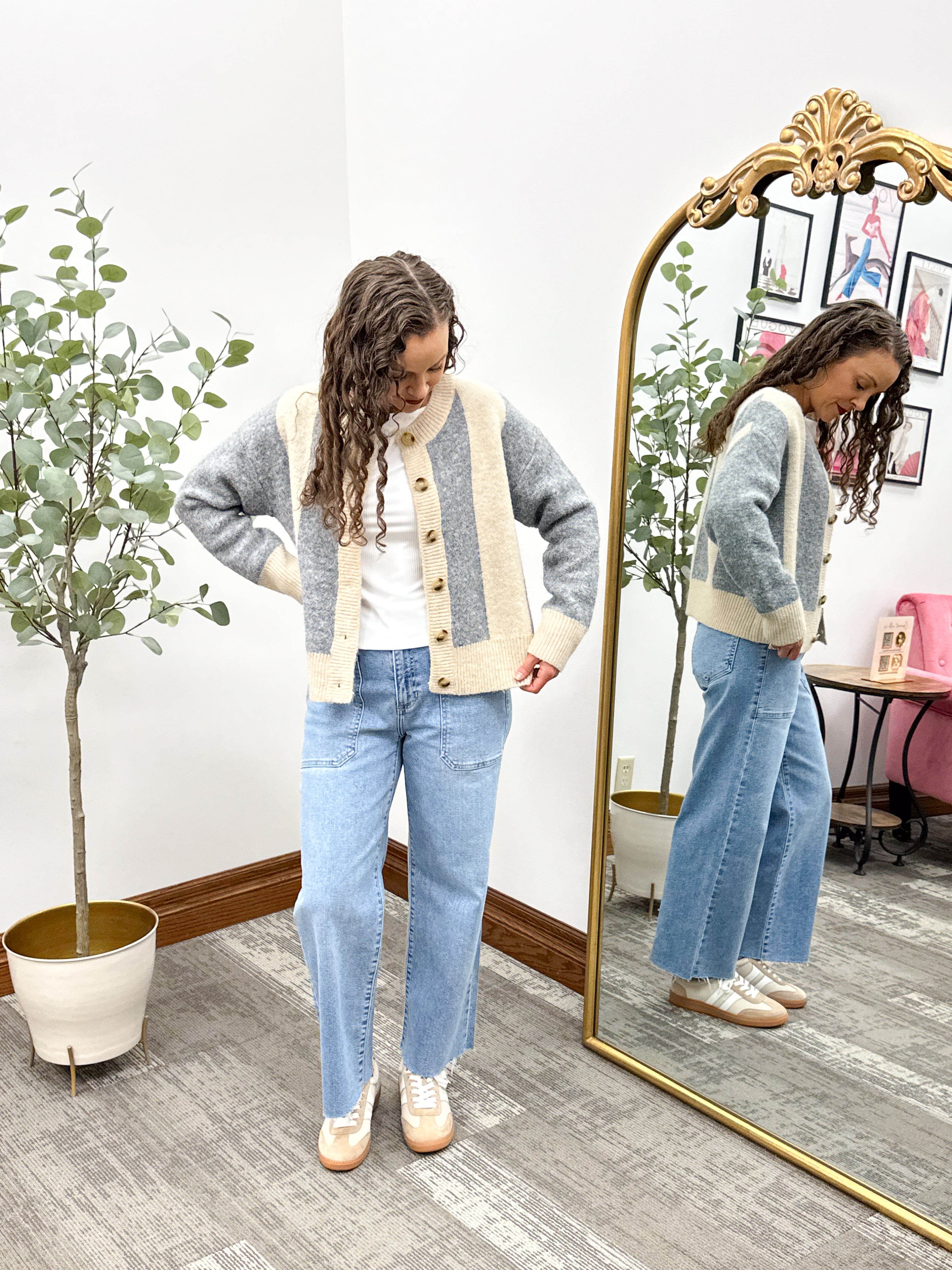Beige & Gray Vertical Striped Cardigan
