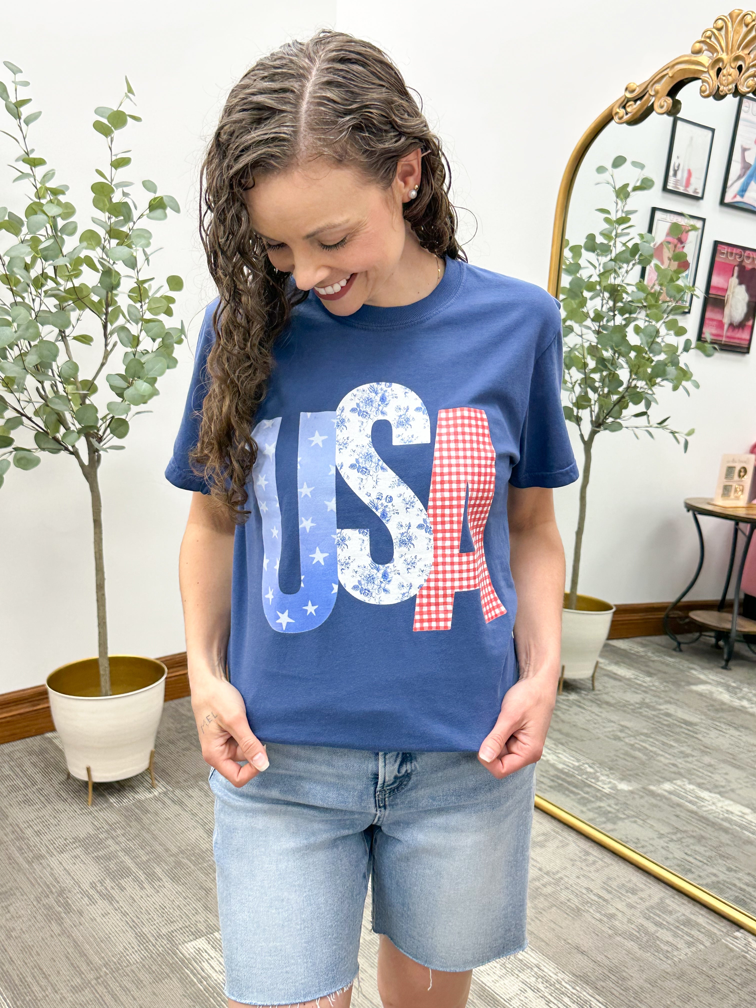 USA Patchwork graphic tshirt, 4th of July t shirt, American tshirt, comfort colors tshirt, plus size 4th of July shirt