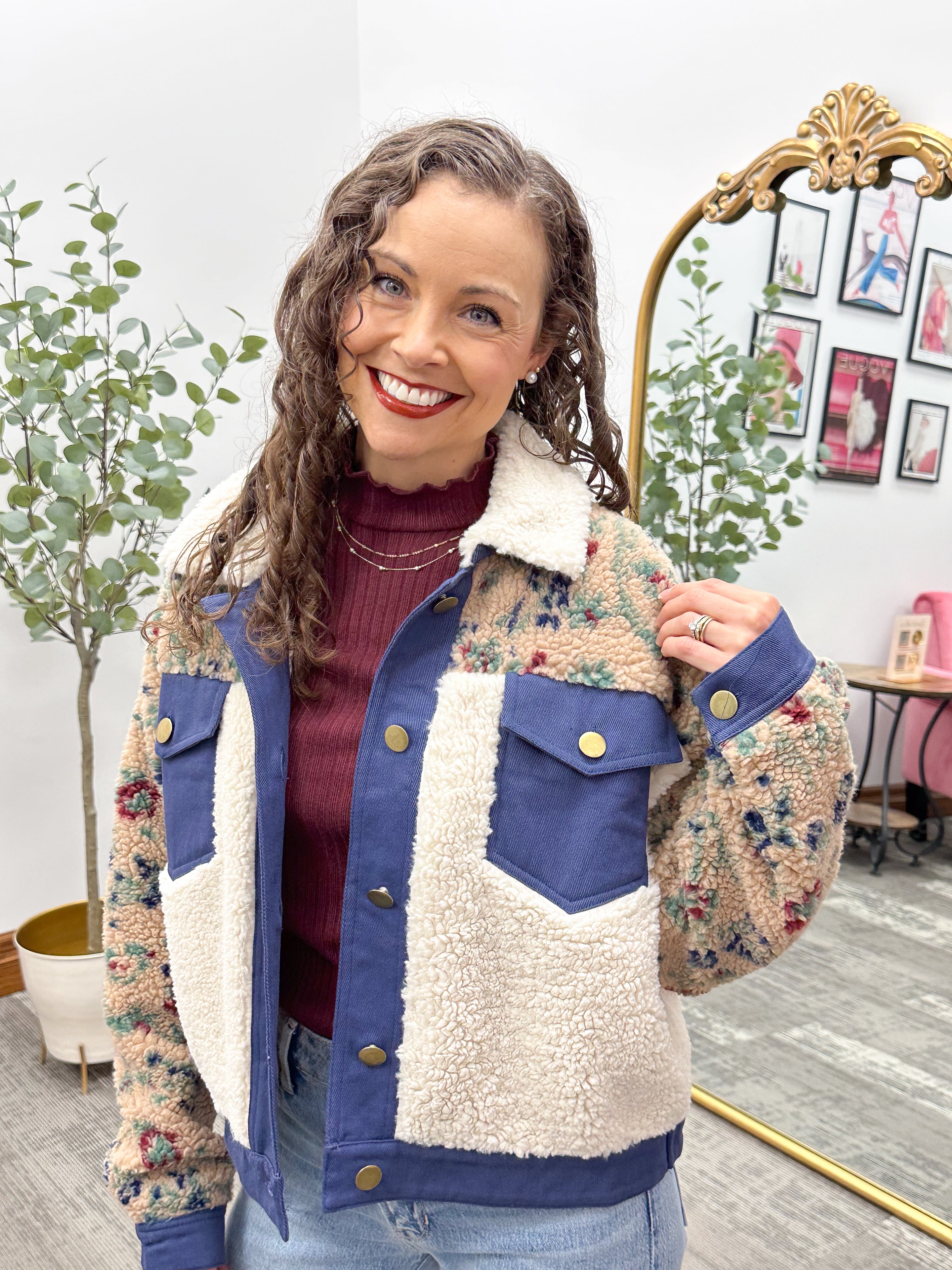 Floral Sherpa Button Up Bomber Jacket