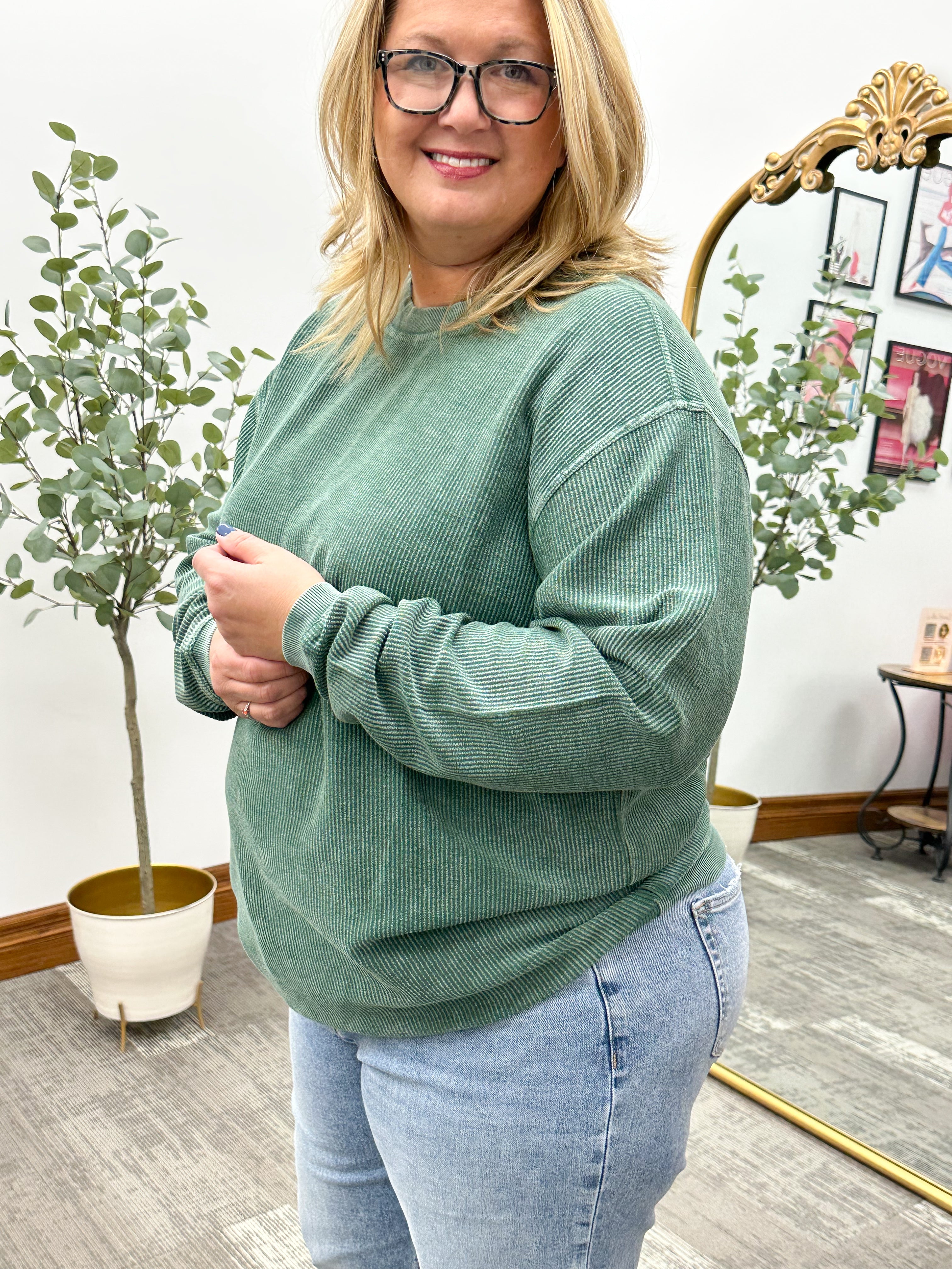 Olive Corded Crewneck Pullover Sweatshirt 