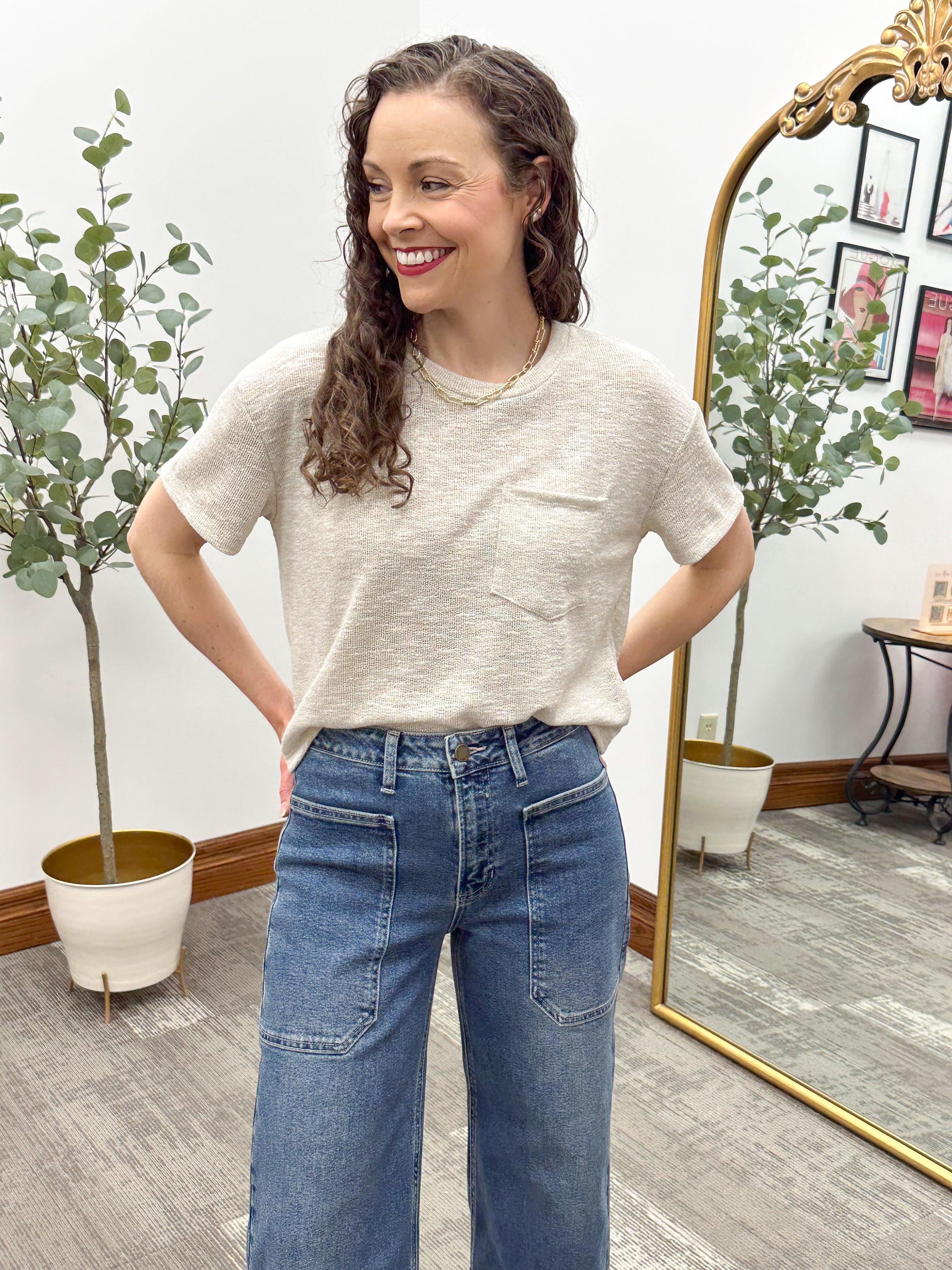 Beige Short Sleeve Knit Top