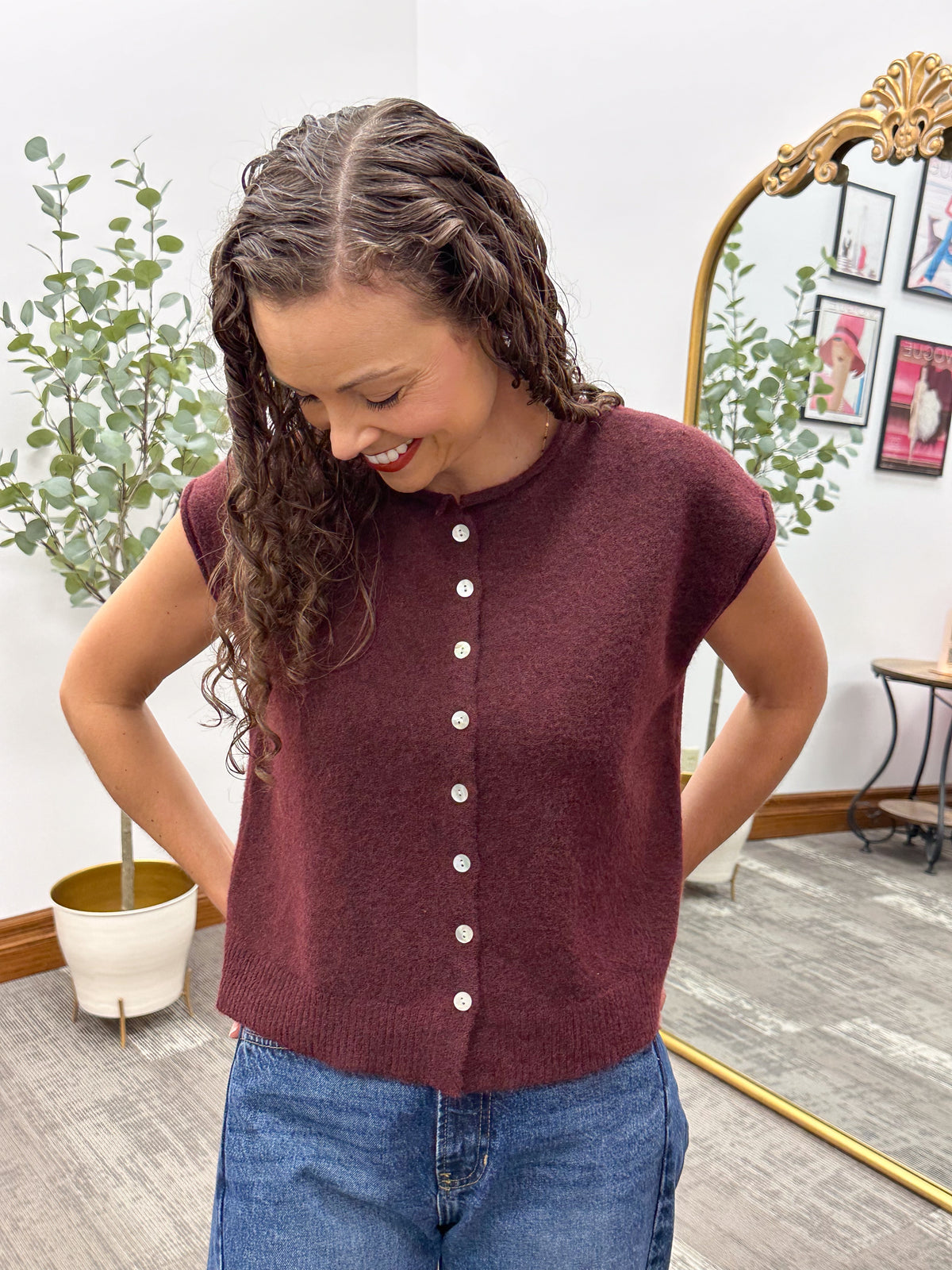 Maroon Lightweight Sleeveless Button Cardigan