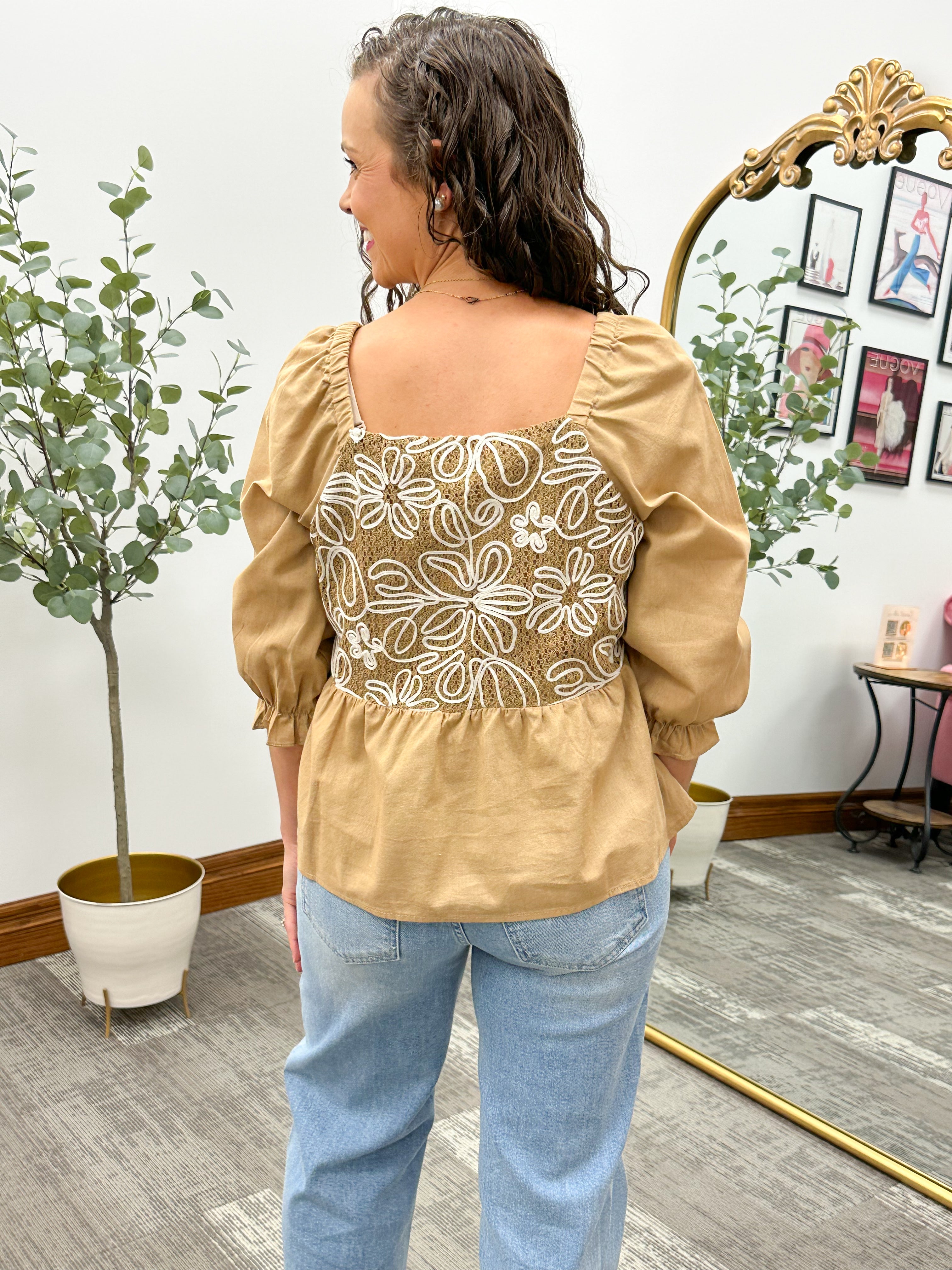 Floral Embroidered Mixed Media Peplum Top
